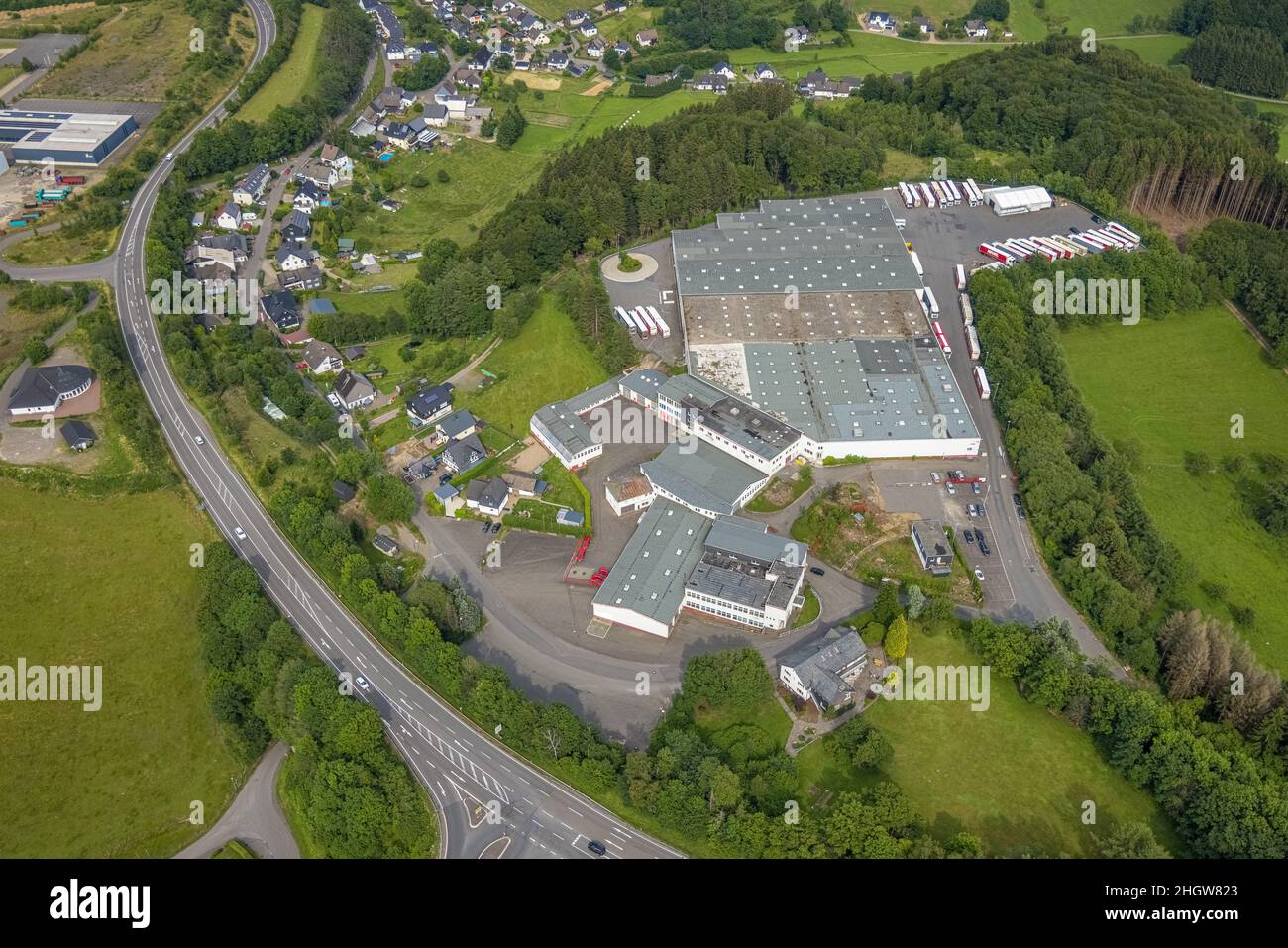 Aerial photograph, Heuel Logistik warehouse, Alte Dorfstraße, Germinghausen, Drolshagen, Sauerland, North Rhine-Westphalia, Germany, DE, Europe, freig Stock Photo