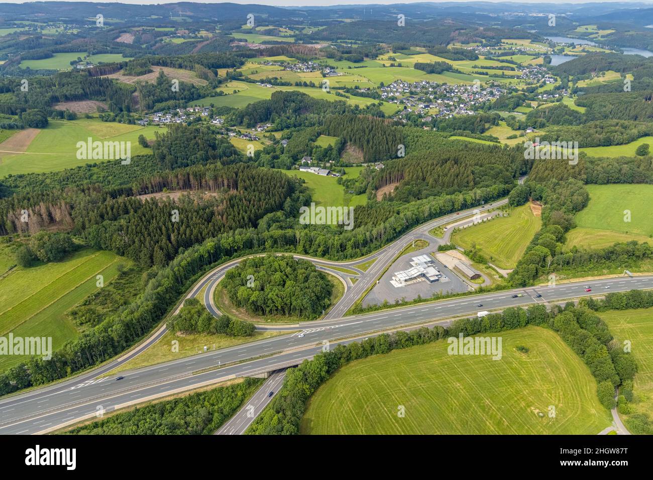 Aerial view, motorway junction Drolshagen, motorway A45 with petrol station and tree roundabout, Germinghausen, Drolshagen, Sauerland, North Rhine-Wes Stock Photo