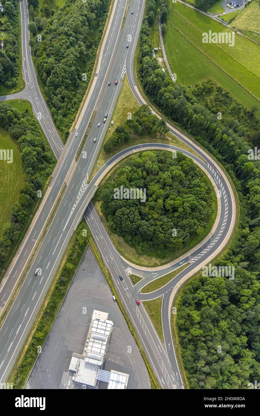 Aerial view, motorway junction Drolshagen, motorway A45 with petrol station and tree roundabout, Germinghausen, Drolshagen, Sauerland, North Rhine-Wes Stock Photo