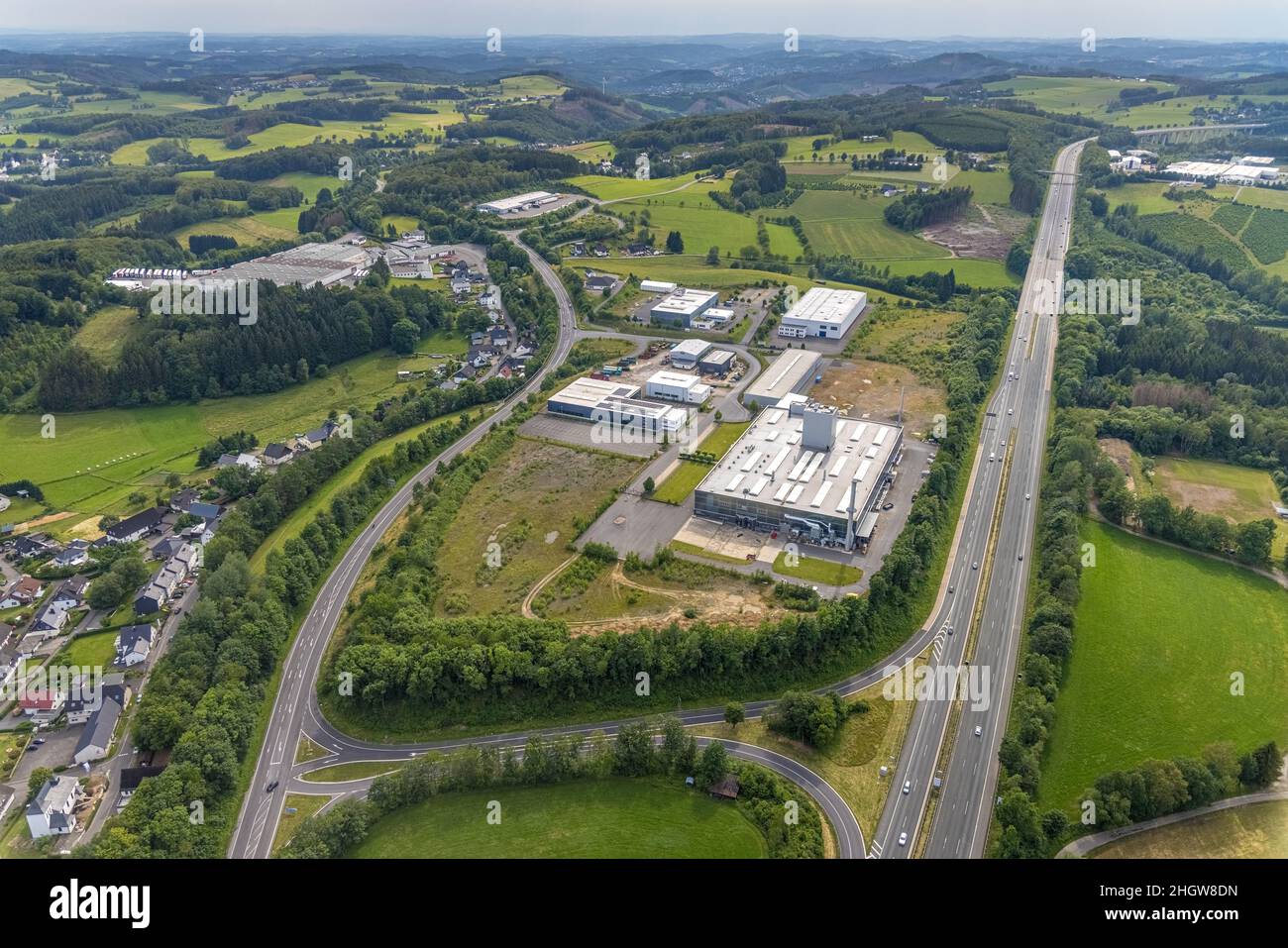 Aerial photograph, Buchholz industrial estate, Ohm und Häner Metallwerk, Theile Metallverarbeitung, Püttmann GmbH, Germinghausen, Drolshagen, Sauerlan Stock Photo