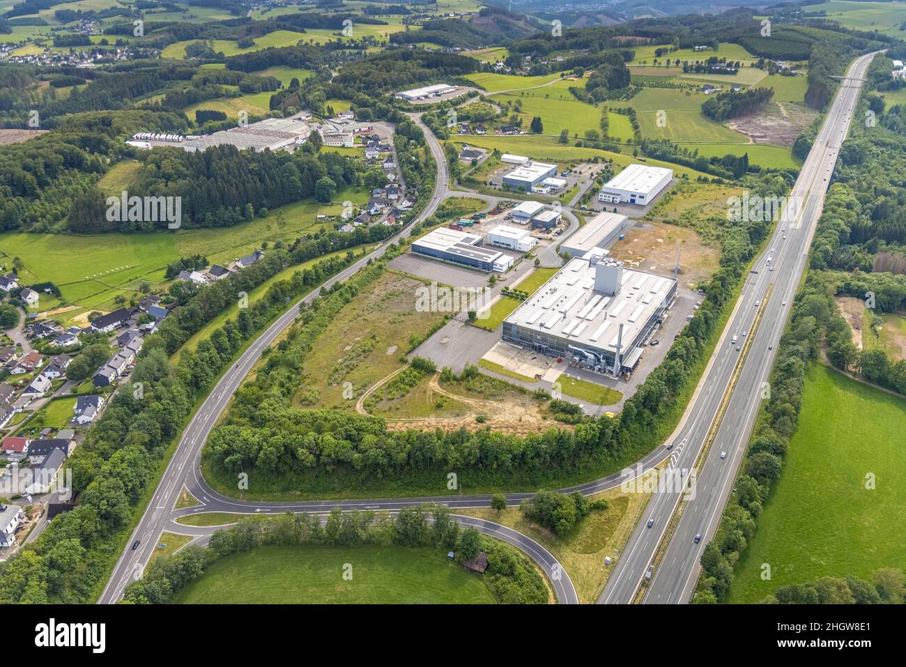 Aerial photograph, Buchholz industrial estate, Ohm und Häner Metallwerk, Theile Metallverarbeitung, Püttmann GmbH, Germinghausen, Drolshagen, Sauerlan Stock Photo