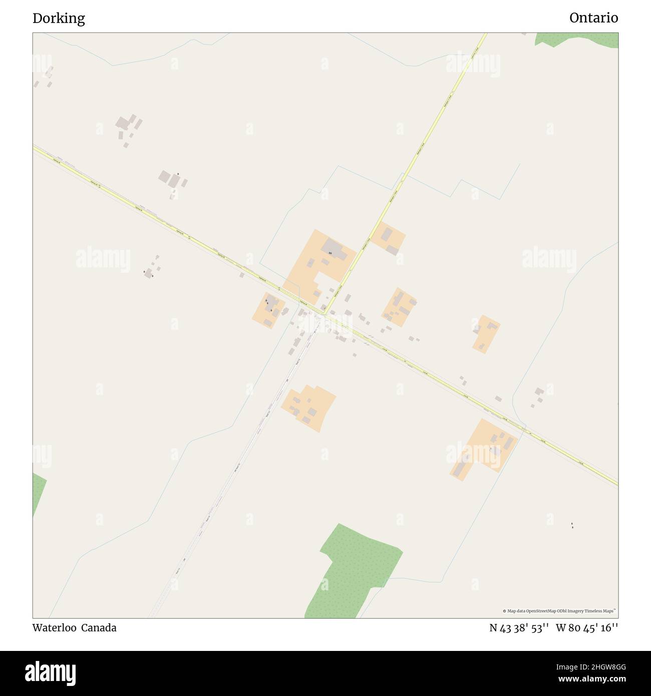 Dorking, Waterloo, Canada, Ontario, N 43 38' 53'', W 80 45' 16'', map, Timeless Map published in 2021. Travelers, explorers and adventurers like Florence Nightingale, David Livingstone, Ernest Shackleton, Lewis and Clark and Sherlock Holmes relied on maps to plan travels to the world's most remote corners, Timeless Maps is mapping most locations on the globe, showing the achievement of great dreams Stock Photo