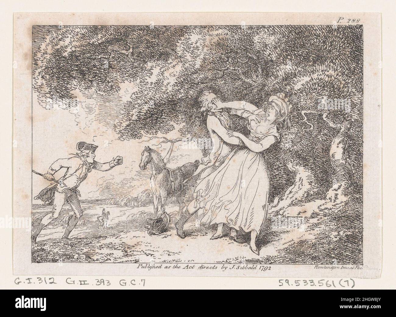 Joseph Hastens to Rescue Fanny from Imminent Danger, from 'The Adventures of Joseph Andrews, and his friend Mr. Abraham Adams' 1792 Thomas Rowlandson. Joseph Hastens to Rescue Fanny from Imminent Danger, from 'The Adventures of Joseph Andrews, and his friend Mr. Abraham Adams'. Adventures of Joseph Andrews. Thomas Rowlandson (British, London 1757–1827 London). 1792. Etching. James Sibbald (British, Whitlaw, Roxburghshire, Scotland 1747–1803 Edinburgh). Prints Stock Photo