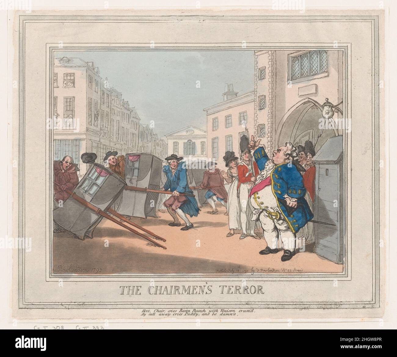 The Chairmen's Terror July 18, 1792 Thomas Rowlandson. The Chairmen's Terror. July 18, 1792. Hand-colored etching. Prints Stock Photo
