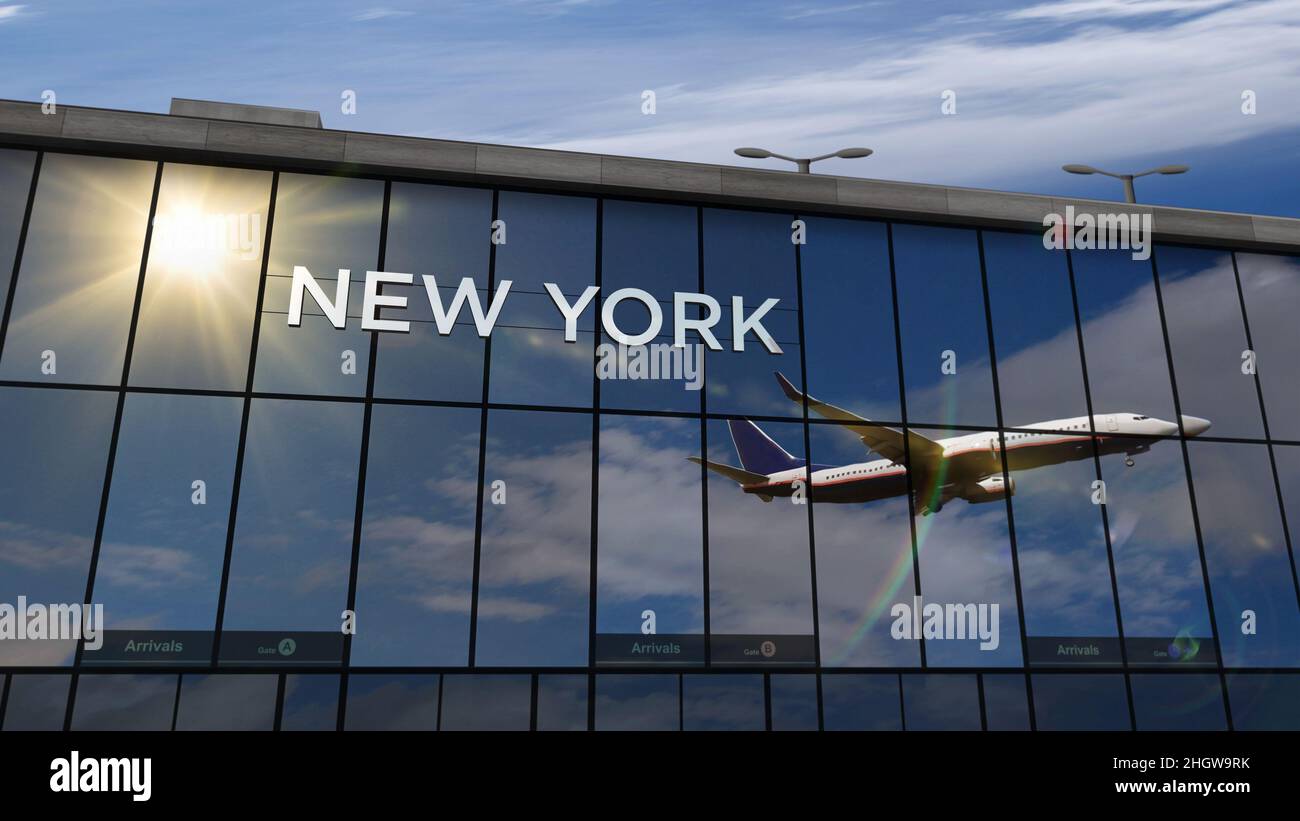 Aircraft landing at New York, USA 3D rendering illustration. Arrival in