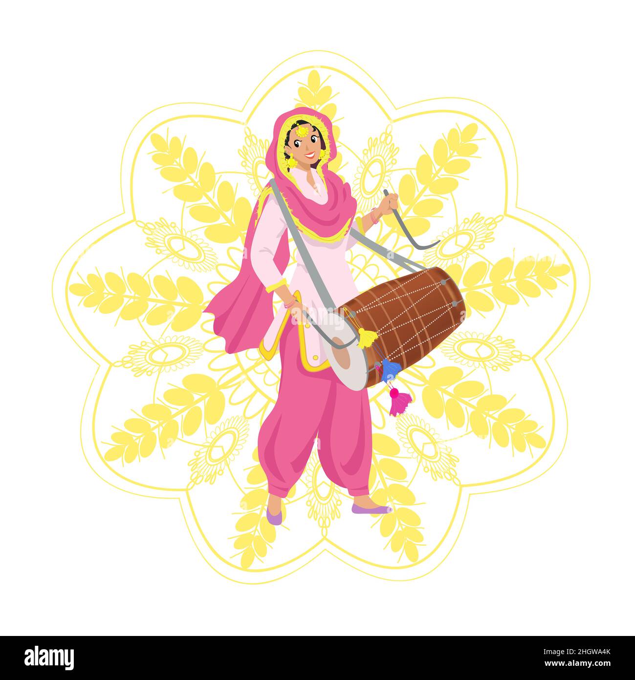 Happy smiling young Sikh woman in Punjabi pink salwar kameez suit, dupatta shawl, playing traditional dhol drum on Indian harvest festival Lohri, part Stock Vector