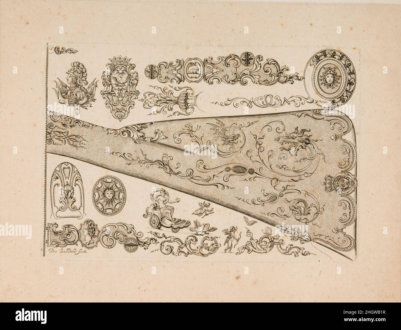 Plate Seven from Nouveavx Desseins D'Arquebvseries ca. 1730 De Lacollombe This print is a prime example of French designs for the decoration of firearms in the late rococo style, which set the fashion for luxury arms across Europe at the time. It was created by an enigmatic engraver known only as De Lacollombe and comes from a series of prints that was added to after his death and then published by his better-known pupil Gilles Demarteau (1722–1776) in about 1749. Individual motifs taken from them can be seen on guns made throughout the eighteenth century in France, Germany, the Netherlands, I Stock Photo