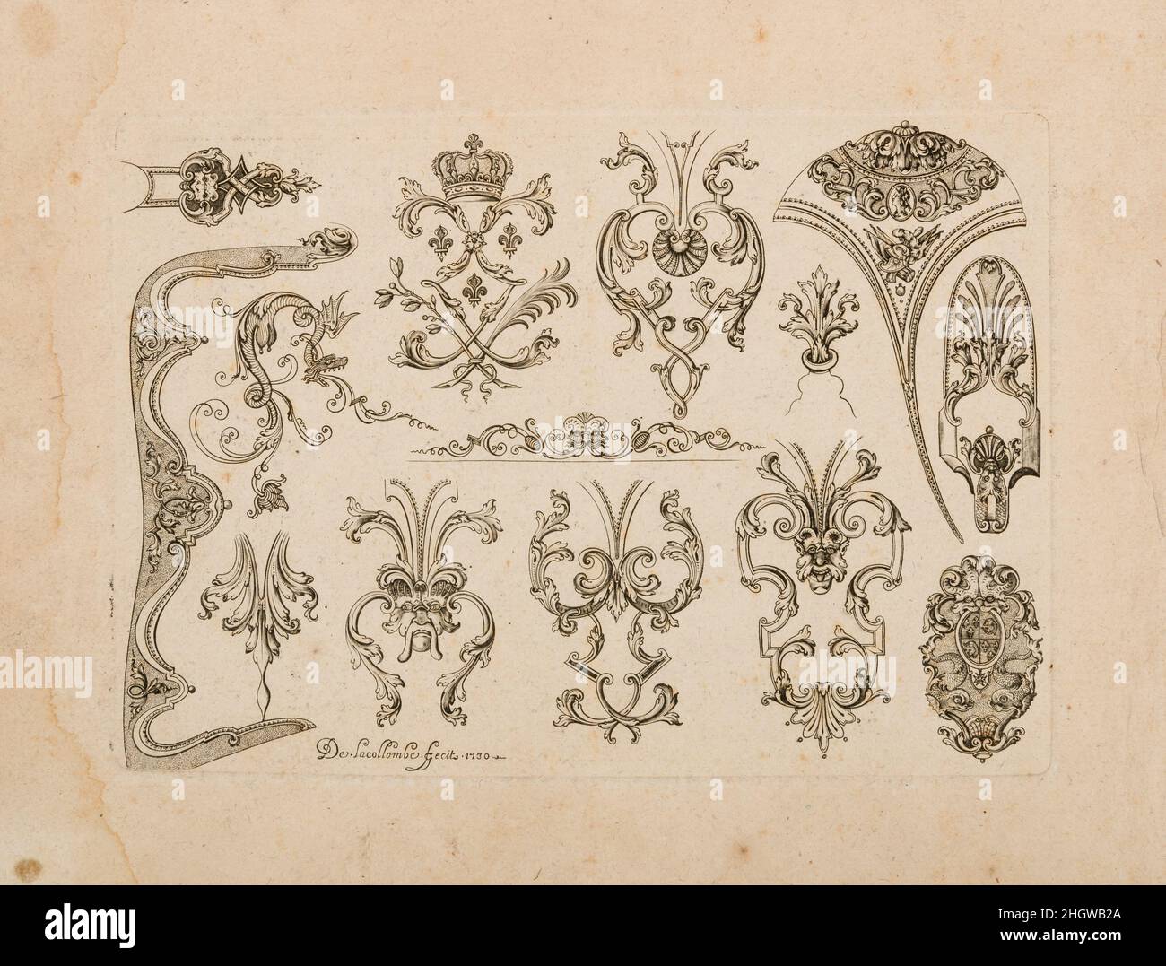 Plate Two from Nouveavx Desseins D'Arquebvseries dated 1730 De Lacollombe This print is a prime example of French designs for the decoration of firearms in the late rococo style, which set the fashion for luxury arms across Europe at the time. It was created by an enigmatic engraver known only as De Lacollombe and comes from a series of prints that was added to after his death and then published by his better-known pupil Gilles Demarteau (1722–1776) in about 1749. Individual motifs taken from them can be seen on guns made throughout the eighteenth century in France, Germany, the Netherlands, I Stock Photo