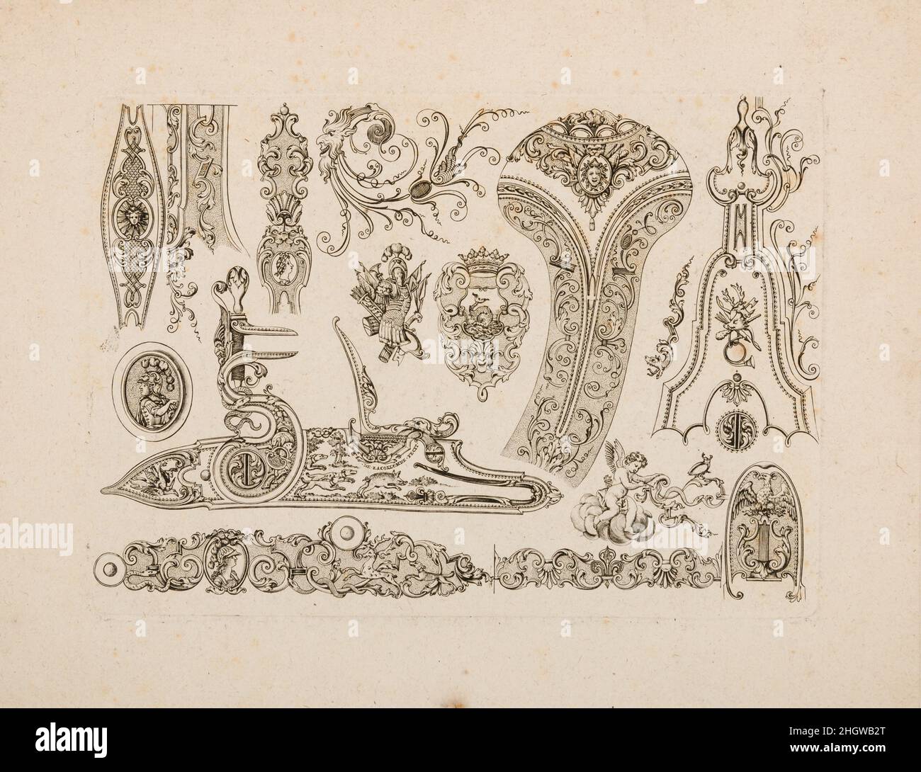Plate Four from Nouveavx Desseins D'Arquebvseries ca. 1730 De Lacollombe This print is a prime example of French designs for the decoration of firearms in the late rococo style, which set the fashion for luxury arms across Europe at the time. It was created by an enigmatic engraver known only as De Lacollombe and comes from a series of prints that was added to after his death and then published by his better-known pupil Gilles Demarteau (1722–1776) in about 1749. Individual motifs taken from them can be seen on guns made throughout the eighteenth century in France, Germany, the Netherlands, It Stock Photo
