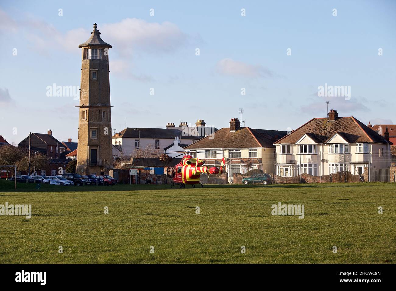An MD902 Explorer owned and operated by Essex and Herts Air Ambulance attending an incident in Harwich. Stock Photo