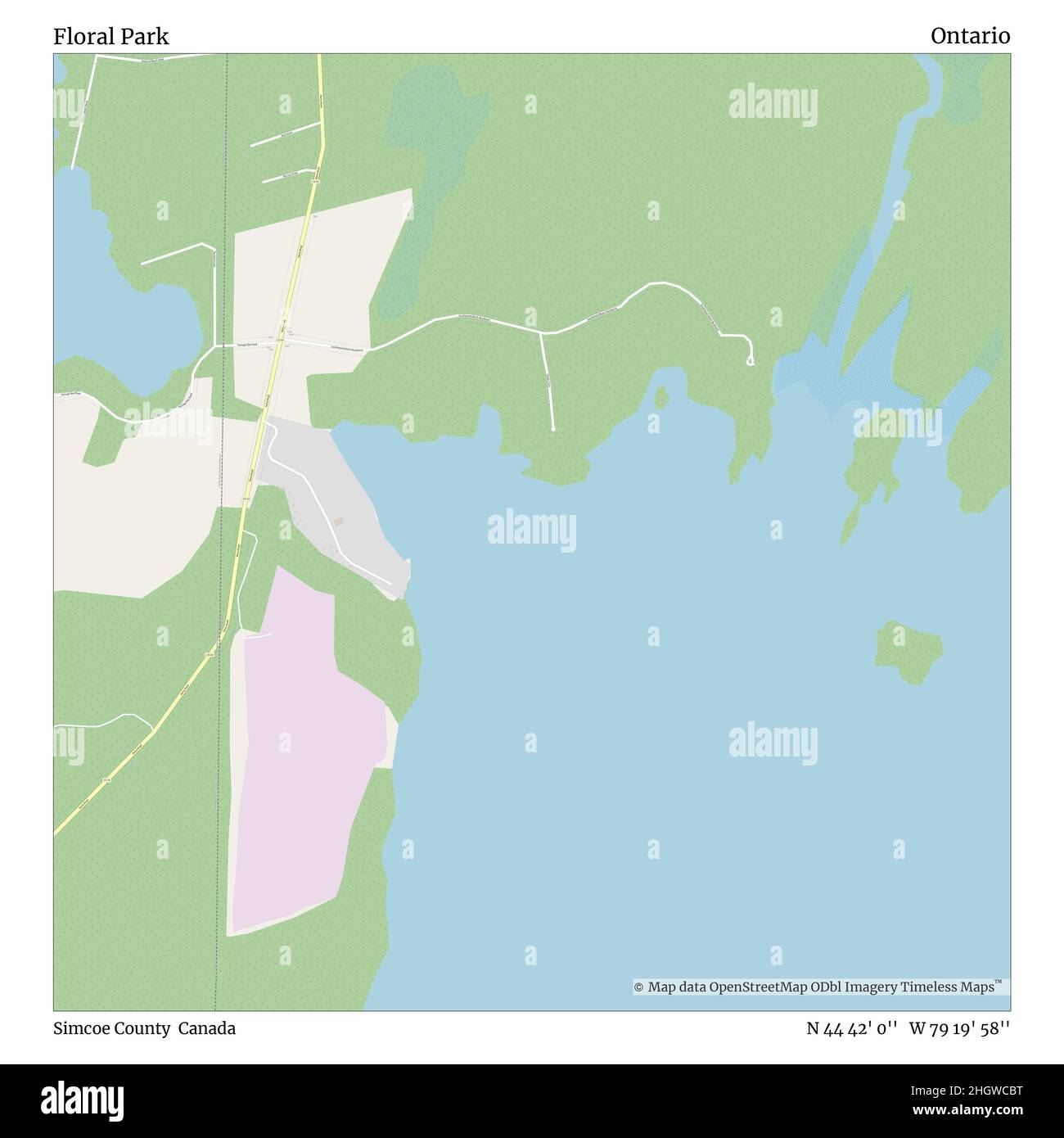 Floral Park, Simcoe County, Canada, Ontario, N 44 42' 0'', W 79 19' 58'', map, Timeless Map published in 2021. Travelers, explorers and adventurers like Florence Nightingale, David Livingstone, Ernest Shackleton, Lewis and Clark and Sherlock Holmes relied on maps to plan travels to the world's most remote corners, Timeless Maps is mapping most locations on the globe, showing the achievement of great dreams Stock Photo