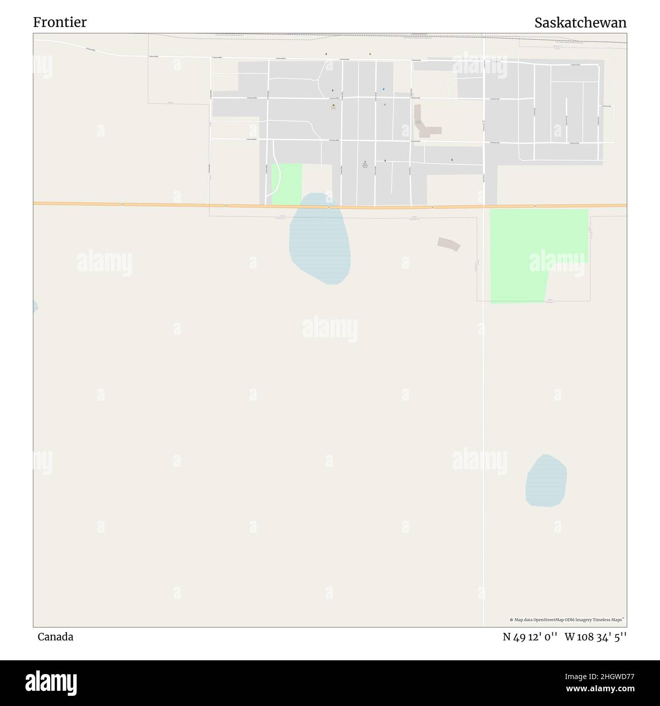 Frontier, Canada, Saskatchewan, N 49 12' 0'', W 108 34' 5'', map, Timeless Map published in 2021. Travelers, explorers and adventurers like Florence Nightingale, David Livingstone, Ernest Shackleton, Lewis and Clark and Sherlock Holmes relied on maps to plan travels to the world's most remote corners, Timeless Maps is mapping most locations on the globe, showing the achievement of great dreams Stock Photo