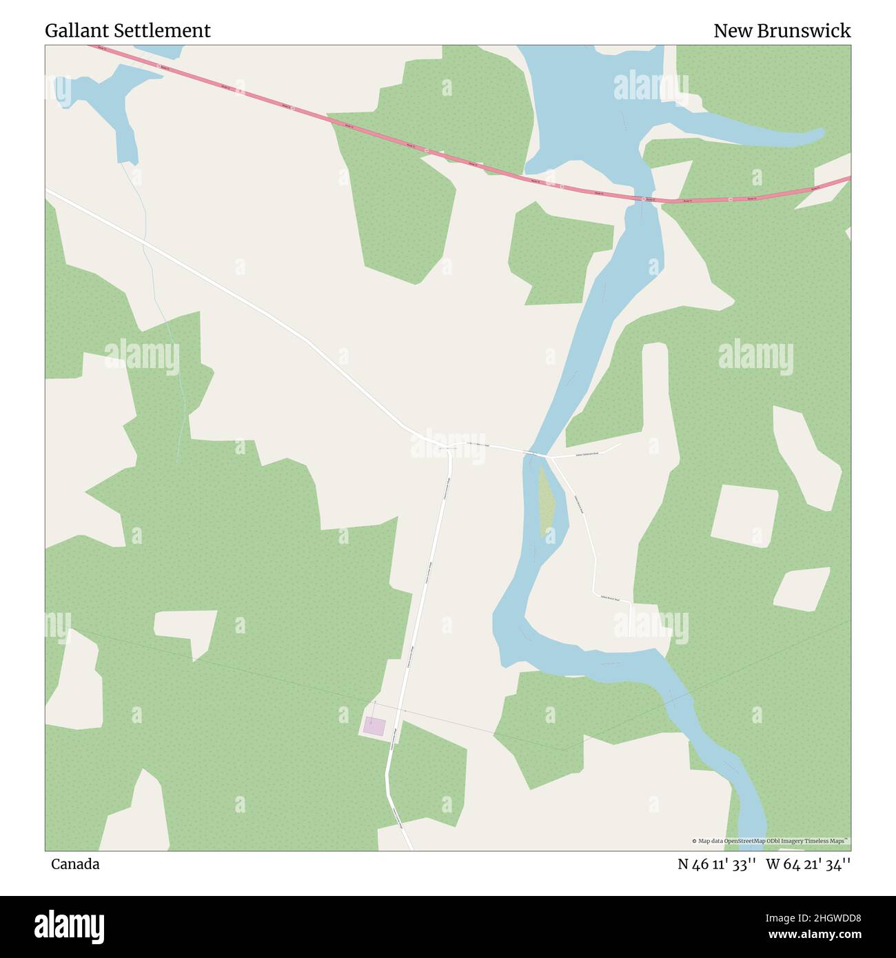 Gallant Settlement, Canada, New Brunswick, N 46 11' 33'', W 64 21' 34'', map, Timeless Map published in 2021. Travelers, explorers and adventurers like Florence Nightingale, David Livingstone, Ernest Shackleton, Lewis and Clark and Sherlock Holmes relied on maps to plan travels to the world's most remote corners, Timeless Maps is mapping most locations on the globe, showing the achievement of great dreams Stock Photo