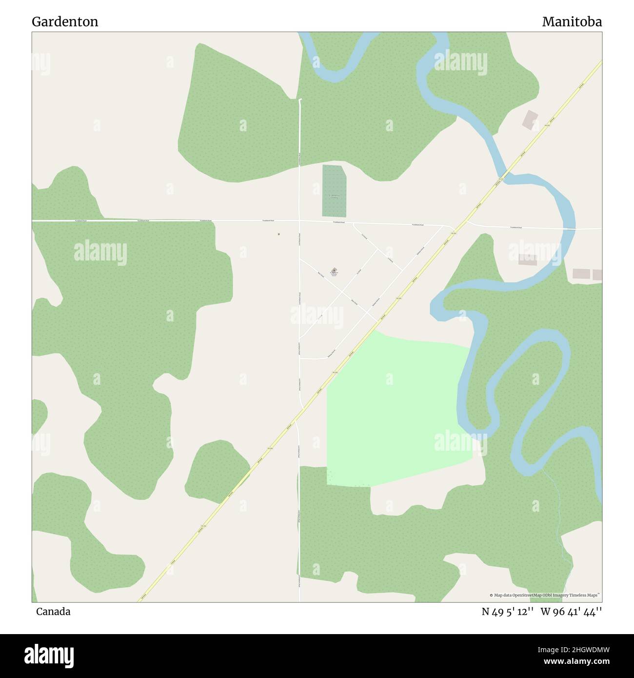 Gardenton, Canada, Manitoba, N 49 5' 12'', W 96 41' 44'', map, Timeless Map published in 2021. Travelers, explorers and adventurers like Florence Nightingale, David Livingstone, Ernest Shackleton, Lewis and Clark and Sherlock Holmes relied on maps to plan travels to the world's most remote corners, Timeless Maps is mapping most locations on the globe, showing the achievement of great dreams Stock Photo
