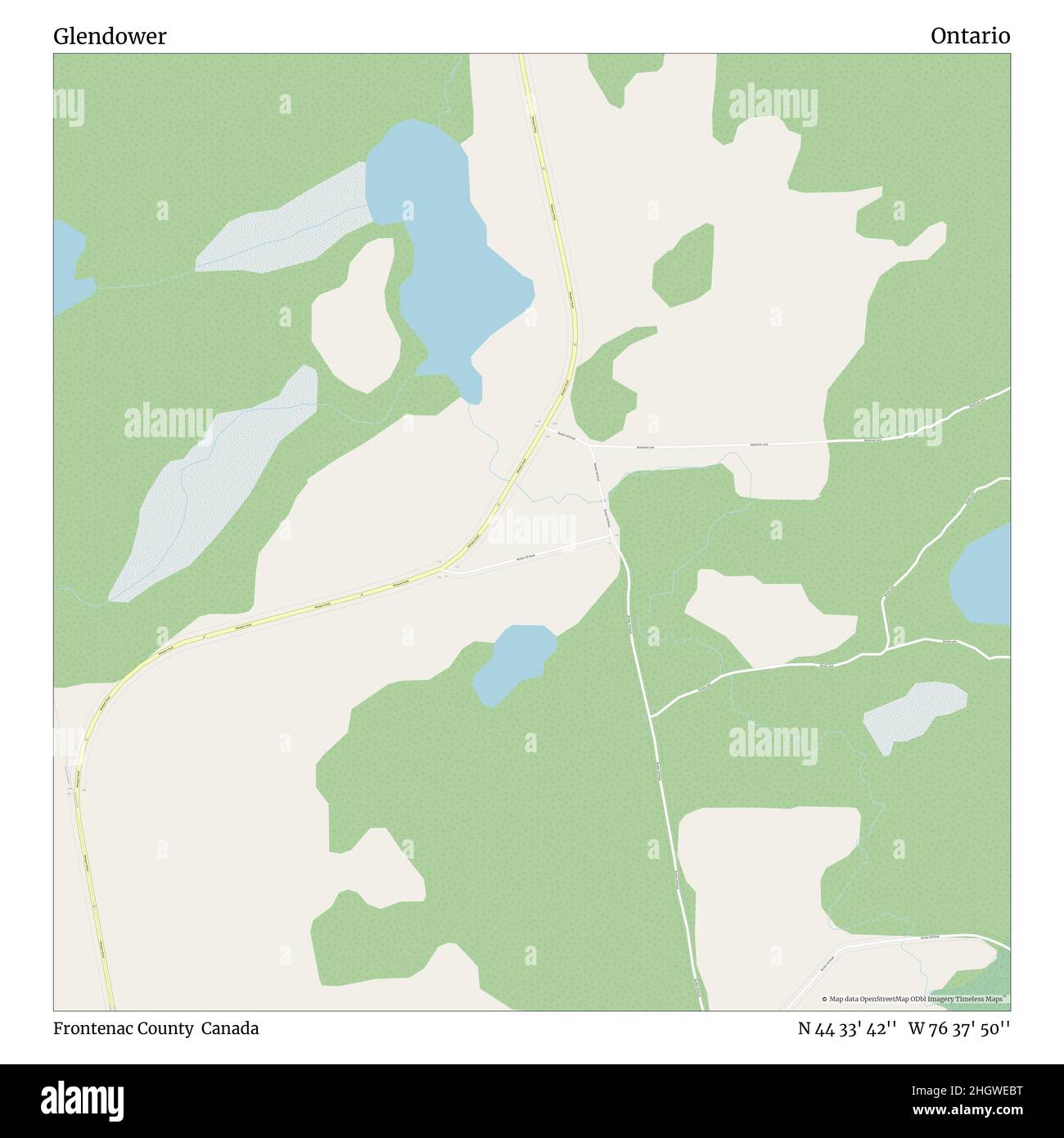 Glendower, Frontenac County, Canada, Ontario, N 44 33' 42'', W 76 37' 50'', map, Timeless Map published in 2021. Travelers, explorers and adventurers like Florence Nightingale, David Livingstone, Ernest Shackleton, Lewis and Clark and Sherlock Holmes relied on maps to plan travels to the world's most remote corners, Timeless Maps is mapping most locations on the globe, showing the achievement of great dreams Stock Photo