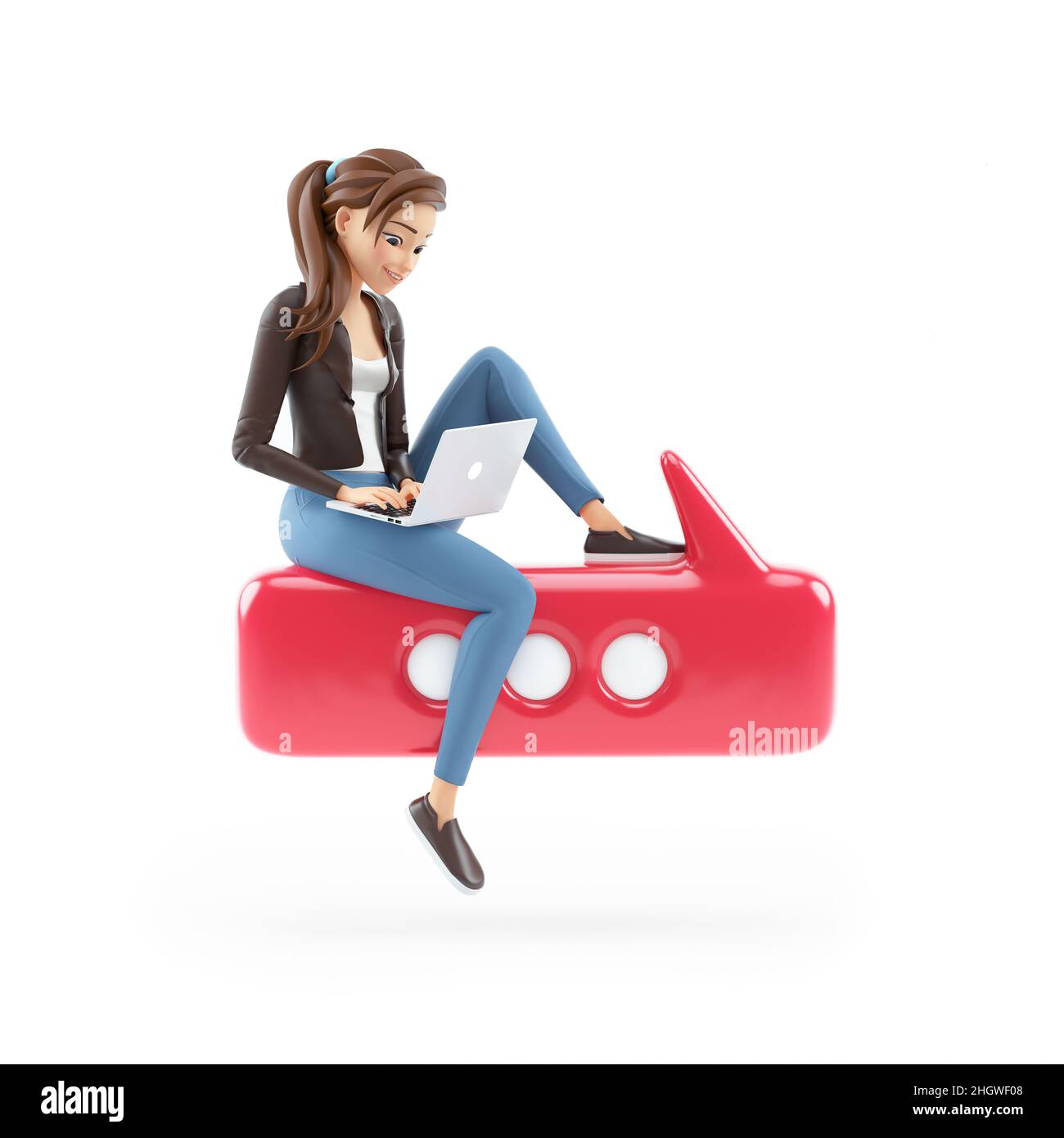 3d cartoon woman with laptop sitting on bubble talk, illustration isolated on white background Stock Photo