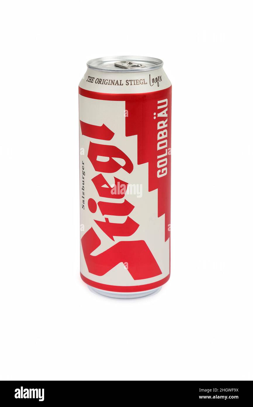 PULA, CROATIA - JANUARY 20, 2022: Can of Stiegl Goldbrau beer. Stiegl is Austria’s biggest private brewery. Stock Photo