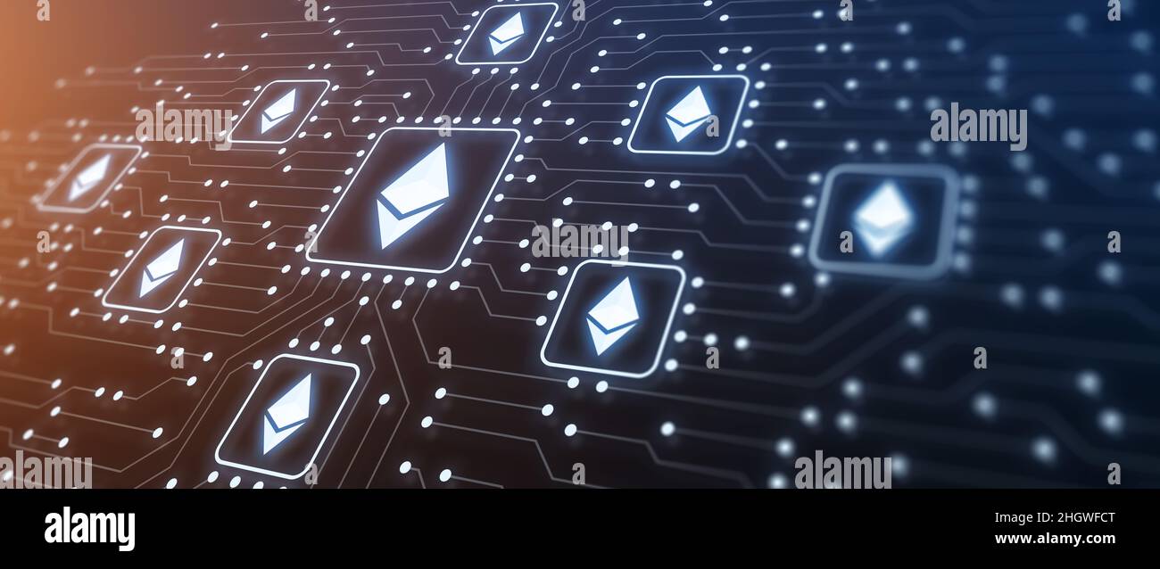 Ethereum crypto currency and blockchain illustration with ETH diamond symbol of the Ether cryptocurrency in electronic circuit. Processing power, inve Stock Photo