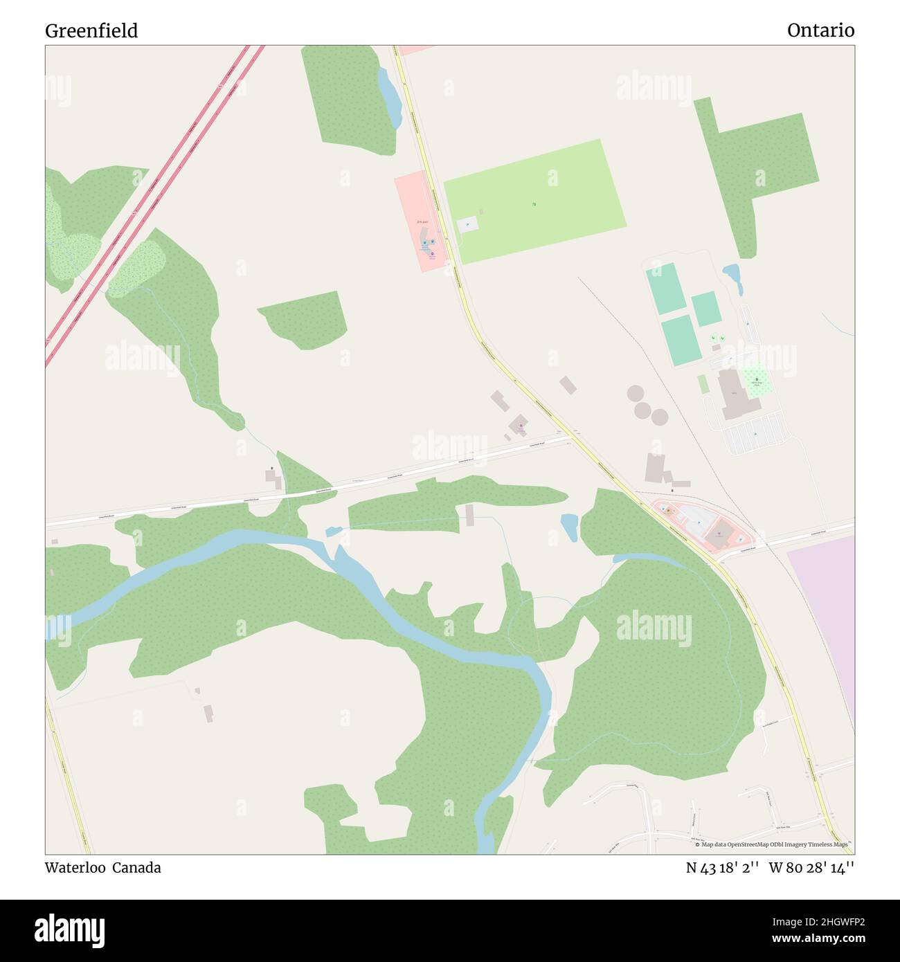 Greenfield, Waterloo, Canada, Ontario, N 43 18' 2'', W 80 28' 14'', map, Timeless Map published in 2021. Travelers, explorers and adventurers like Florence Nightingale, David Livingstone, Ernest Shackleton, Lewis and Clark and Sherlock Holmes relied on maps to plan travels to the world's most remote corners, Timeless Maps is mapping most locations on the globe, showing the achievement of great dreams Stock Photo