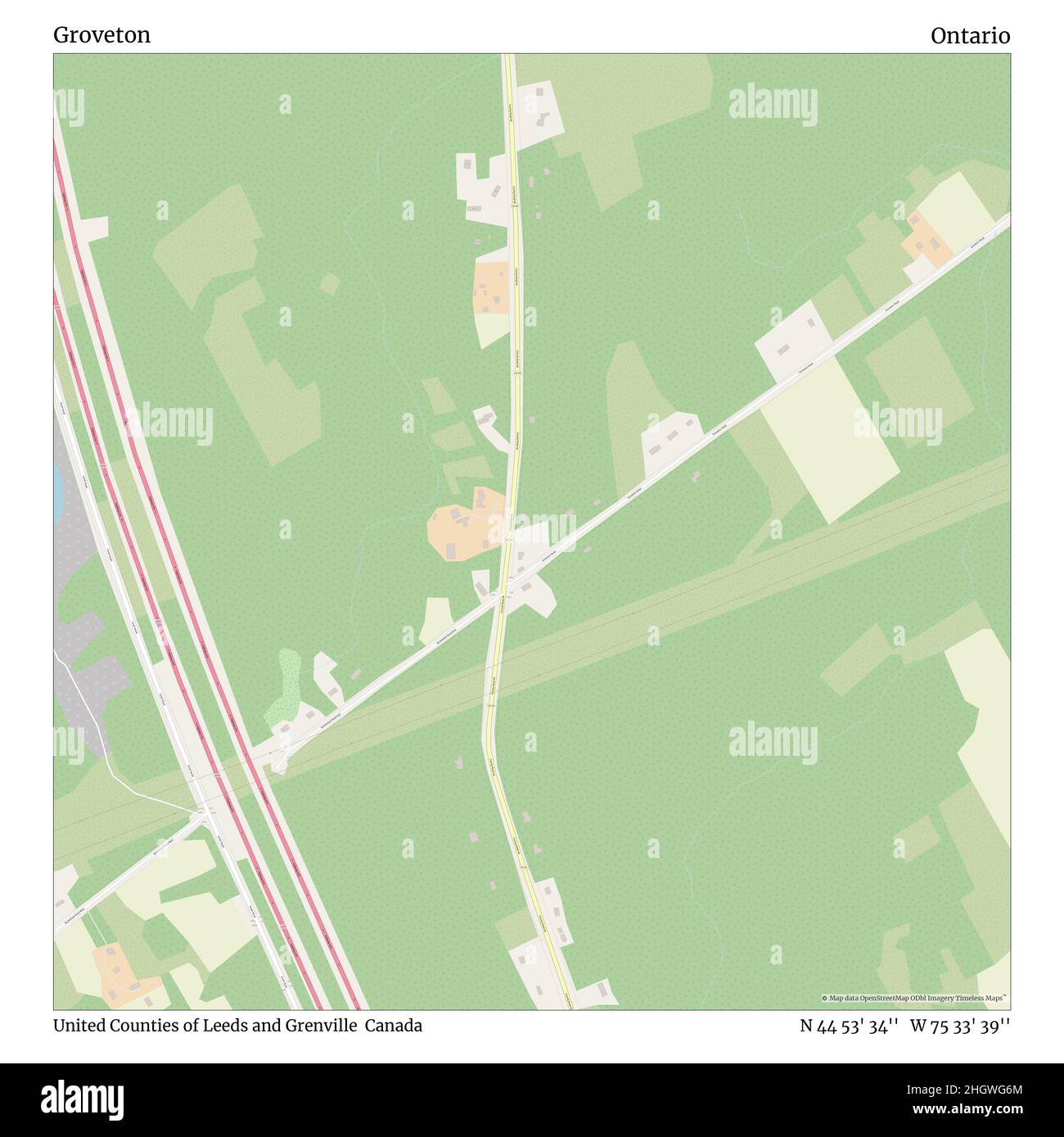 Groveton, United Counties of Leeds and Grenville, Canada, Ontario, N 44 53' 34'', W 75 33' 39'', map, Timeless Map published in 2021. Travelers, explorers and adventurers like Florence Nightingale, David Livingstone, Ernest Shackleton, Lewis and Clark and Sherlock Holmes relied on maps to plan travels to the world's most remote corners, Timeless Maps is mapping most locations on the globe, showing the achievement of great dreams Stock Photo