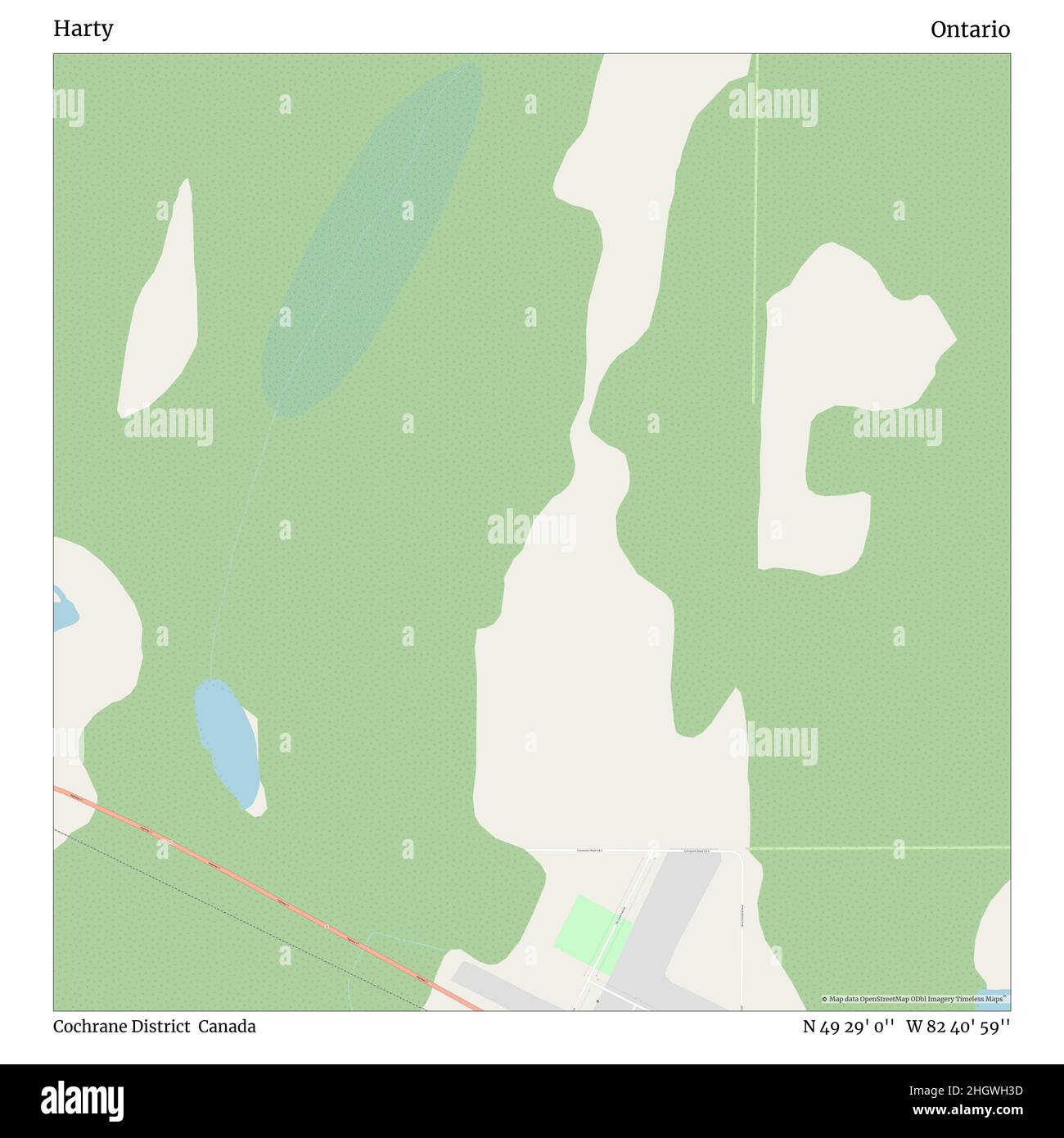 Harty, Cochrane District, Canada, Ontario, N 49 29' 0'', W 82 40' 59'', map, Timeless Map published in 2021. Travelers, explorers and adventurers like Florence Nightingale, David Livingstone, Ernest Shackleton, Lewis and Clark and Sherlock Holmes relied on maps to plan travels to the world's most remote corners, Timeless Maps is mapping most locations on the globe, showing the achievement of great dreams Stock Photo