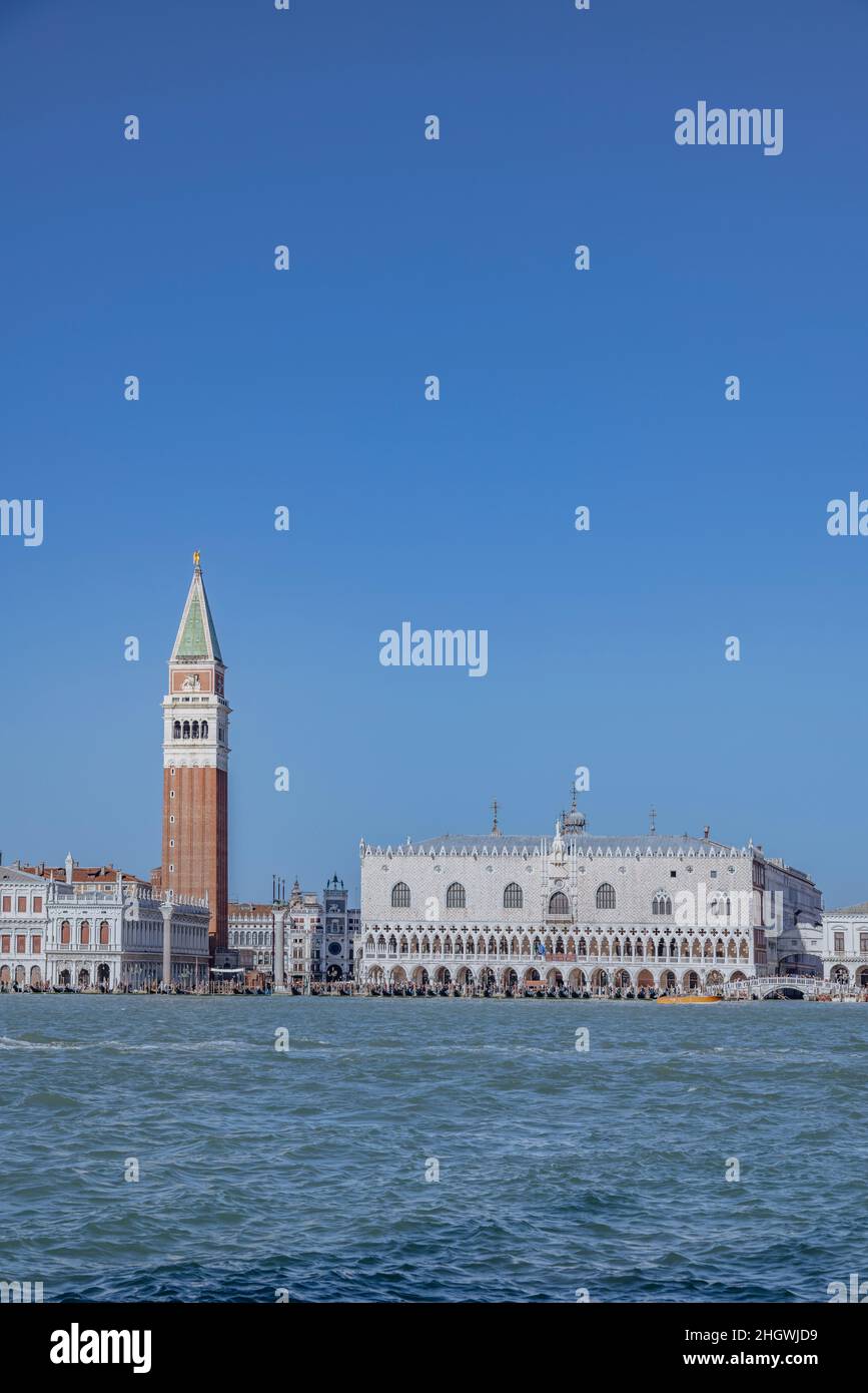 Views of St Mark's Campanile and the Doge's Palace in Venice, Italy, Europe Stock Photo