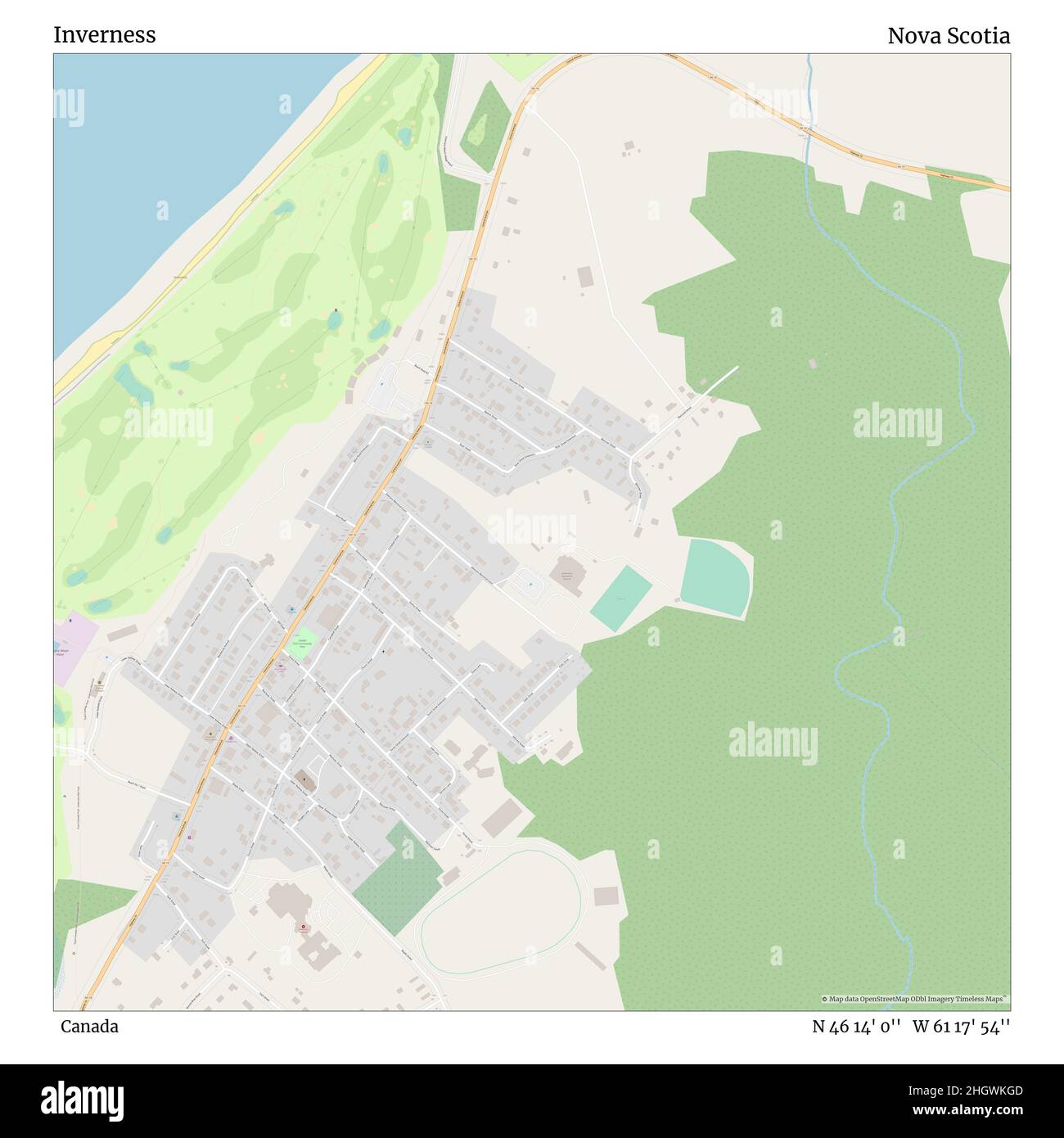 Inverness, Canada, Nova Scotia, N 46 14' 0'', W 61 17' 54'', map, Timeless Map published in 2021. Travelers, explorers and adventurers like Florence Nightingale, David Livingstone, Ernest Shackleton, Lewis and Clark and Sherlock Holmes relied on maps to plan travels to the world's most remote corners, Timeless Maps is mapping most locations on the globe, showing the achievement of great dreams Stock Photo