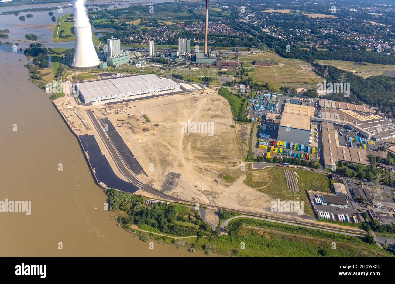 Aerial photograph, STEAG cogeneration plant Walsum, development and new warehouses logport VI, river Rhine, Alt-Walsum, Duisburg, Ruhr area, North Rhi Stock Photo