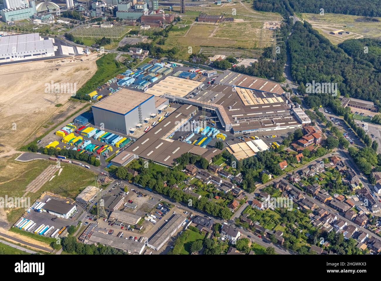 Aerial photograph, STEAG cogeneration plant Walsum, development and new warehouses logport VI, river Rhine, Alt-Walsum, Duisburg, Ruhr area, North Rhi Stock Photo