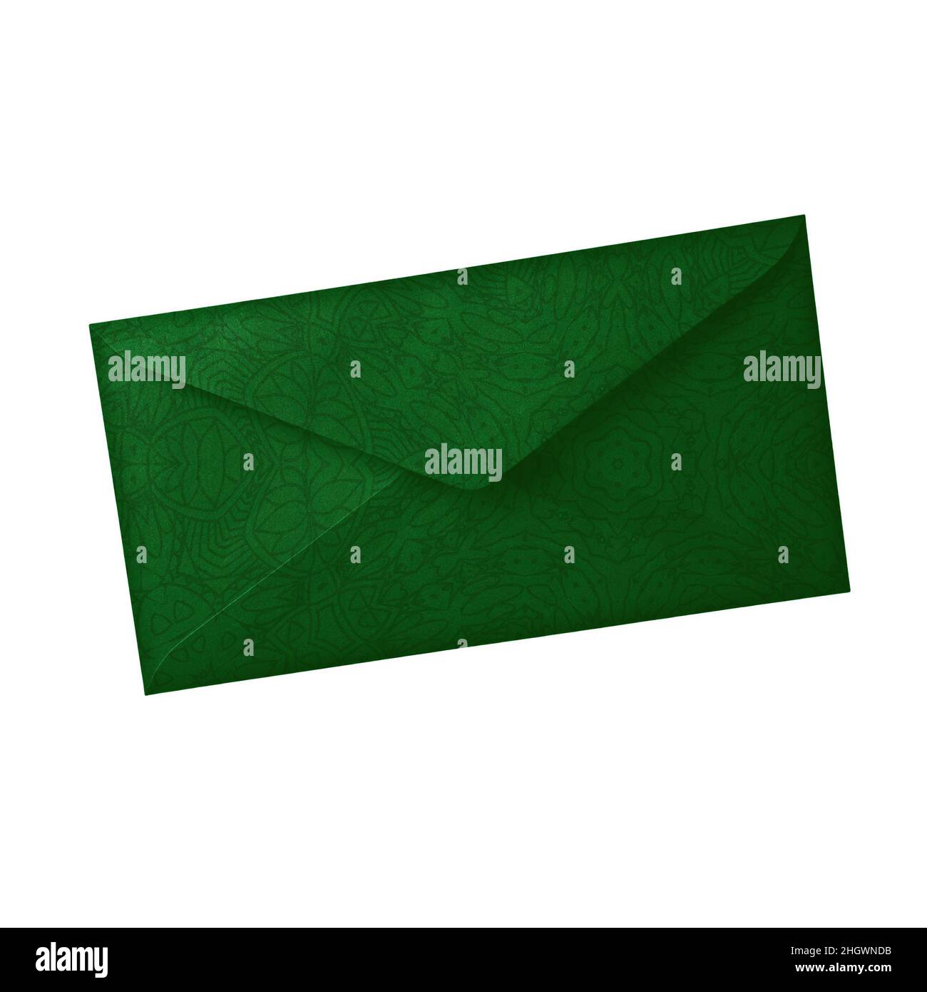 Elegant green paper envelope. Delicate geometric pattern on kraft paper