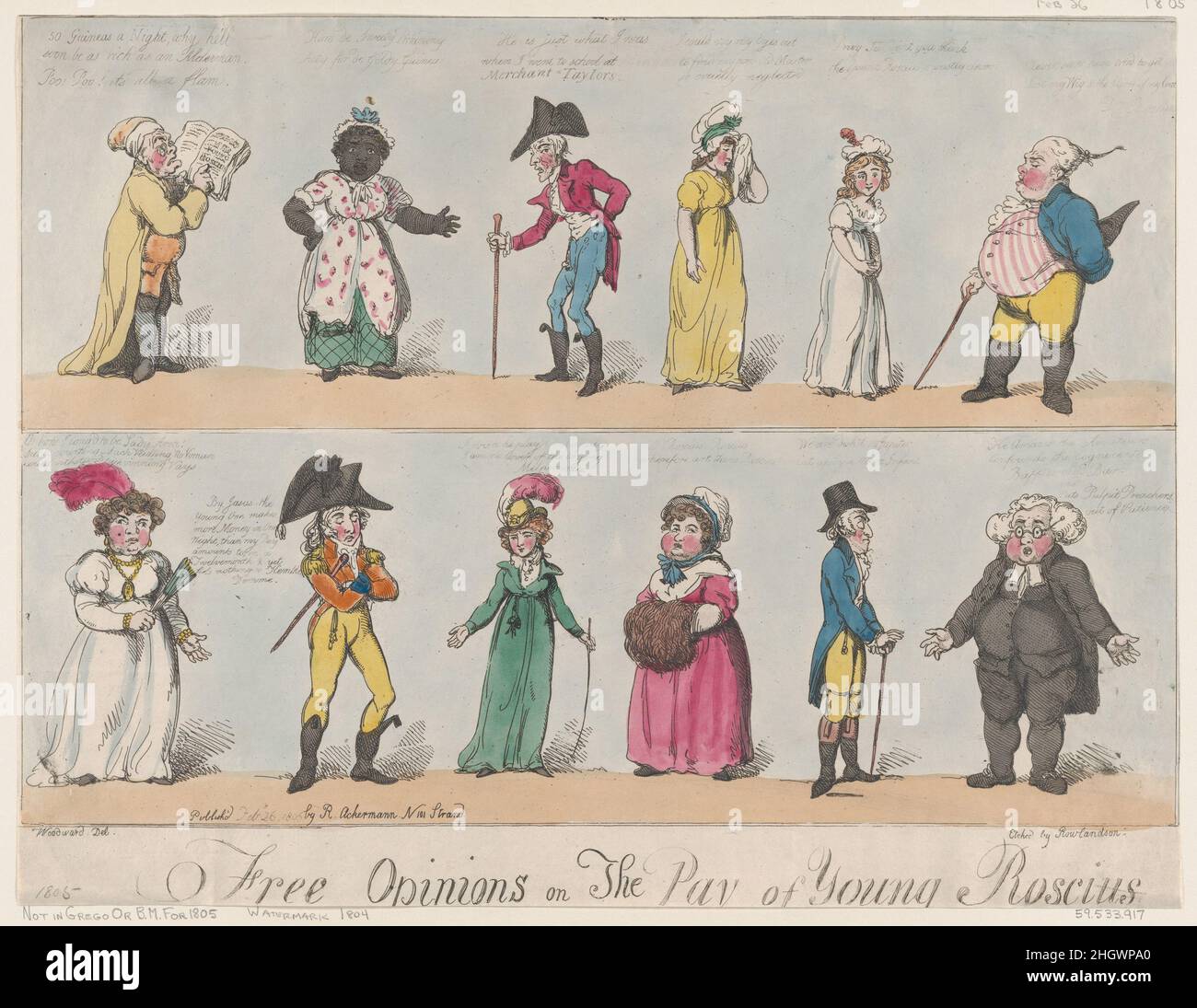 Free Opinions on The Pay of Young Roscius February 26, 1805 Thomas Rowlandson. Free Opinions on The Pay of Young Roscius. Thomas Rowlandson (British, London 1757–1827 London). February 26, 1805. Hand-colored etching. Rudolph Ackermann, London (active 1794–1829). Prints Stock Photo