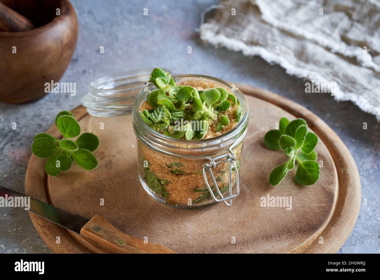 Herbal syrup is being prepared from fresh silver spurflower plant and cane sugar Stock Photo