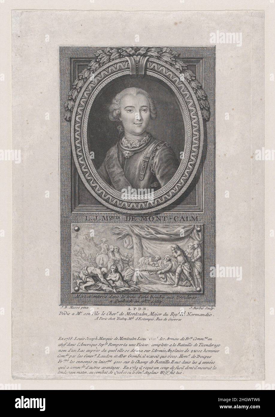Portrait of L. J. Marquis de Mont-Calm 1781 and engraver Jacques Barbié. Portrait of L. J. Marquis de Mont-Calm. After Jean-Baptiste Massé (French, Paris 1687–1767 Paris). 1781. Etching and engraving. Prints Stock Photo