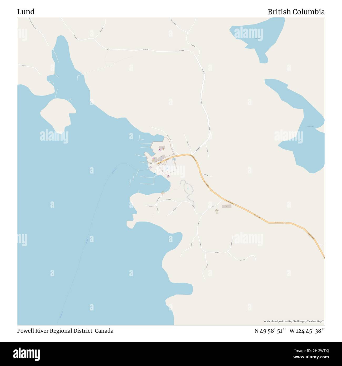 Lund, Powell River Regional District, Canada, British Columbia, N 49 58' 51'', W 124 45' 38'', map, Timeless Map published in 2021. Travelers, explorers and adventurers like Florence Nightingale, David Livingstone, Ernest Shackleton, Lewis and Clark and Sherlock Holmes relied on maps to plan travels to the world's most remote corners, Timeless Maps is mapping most locations on the globe, showing the achievement of great dreams Stock Photo