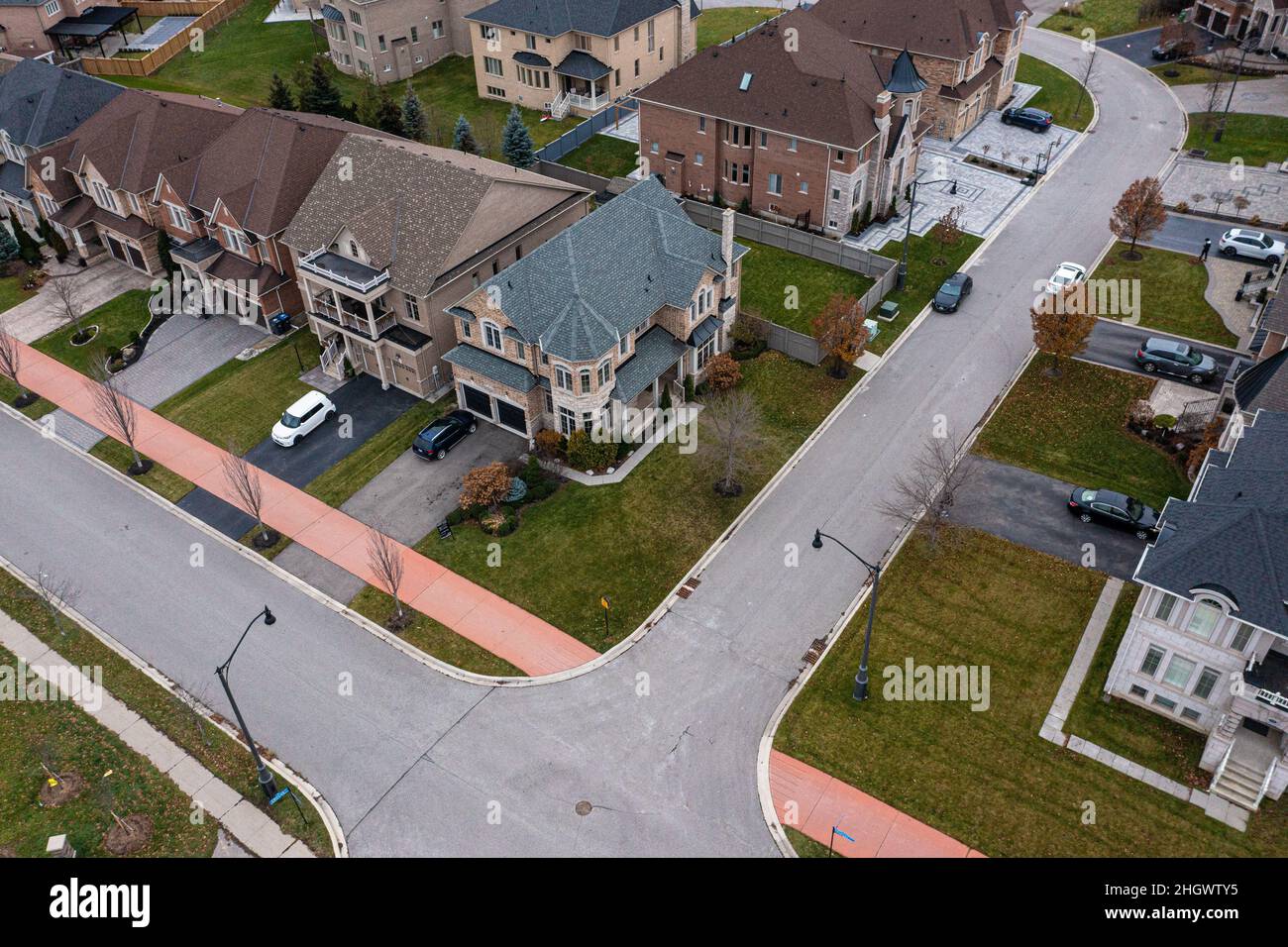 Brampton real estate houses pond and green grass drone view Stock Photo