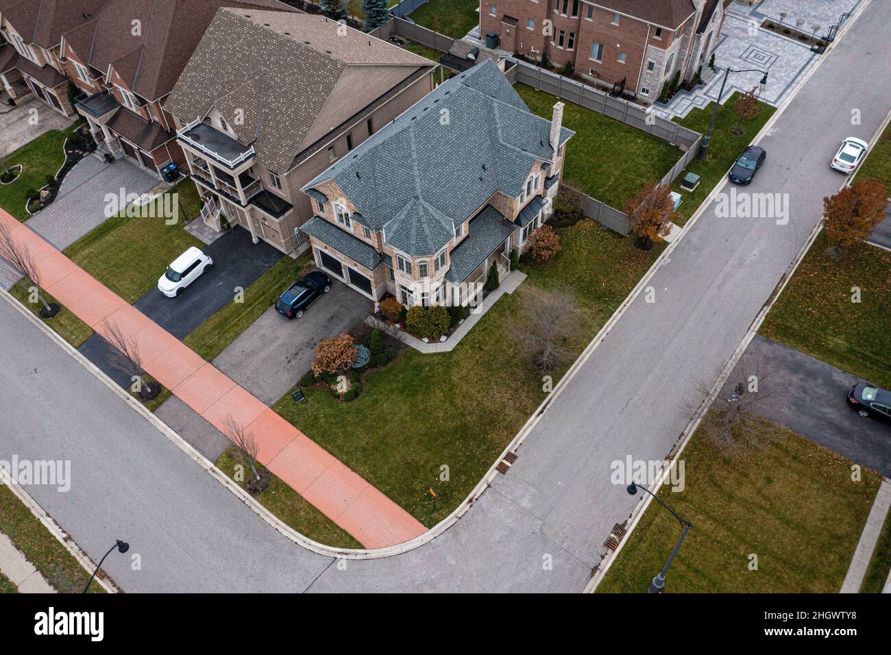 Brampton real estate houses pond and green grass drone view Stock Photo