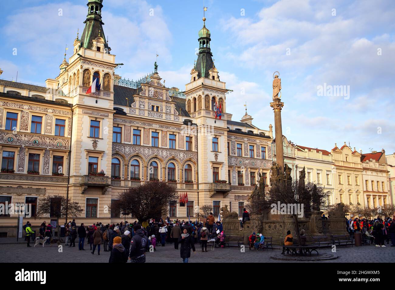PARDUBICE, CZECH REPUBLIC - jANUARY 15, 2022: Anti-vaccine demonstration or protest during coronavirus pandemic in front of the town hall at Pernstyn Stock Photo