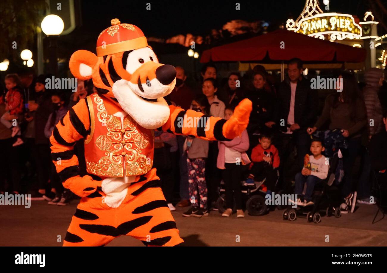 Anaheim, USA. 22nd Jan, 2022. A person dressed as the cartoon character Tigger performs for visitors during the Lunar New Year celebrations at Disney's California Adventure Park in Anaheim, California, the United States, on Jan. 21, 2022. Disney's California Adventure Park kicked off celebrations of the Year of the Tiger Friday, featuring a string of Chinese culturally-themed performances, art shows, lantern decorations and Asian-inspired dishes. Credit: Zeng Hui/Xinhua/Alamy Live News Stock Photo