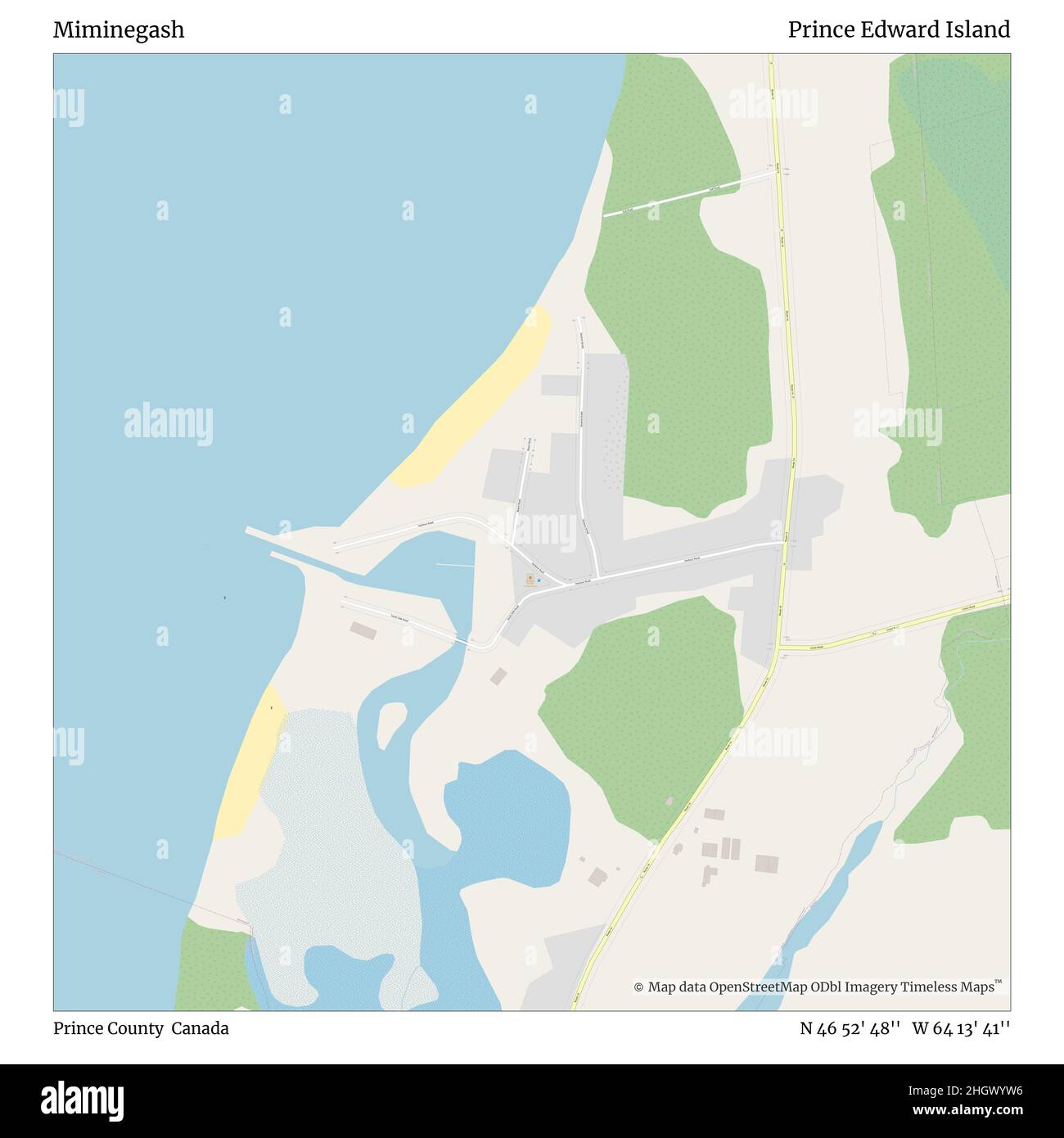 Miminegash, Prince County, Canada, Prince Edward Island, N 46 52' 48'', W 64 13' 41'', map, Timeless Map published in 2021. Travelers, explorers and adventurers like Florence Nightingale, David Livingstone, Ernest Shackleton, Lewis and Clark and Sherlock Holmes relied on maps to plan travels to the world's most remote corners, Timeless Maps is mapping most locations on the globe, showing the achievement of great dreams Stock Photo