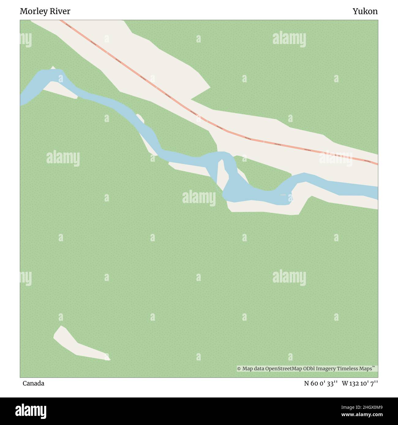 Morley River, Canada, Yukon, N 60 0' 33'', W 132 10' 7'', map, Timeless Map published in 2021. Travelers, explorers and adventurers like Florence Nightingale, David Livingstone, Ernest Shackleton, Lewis and Clark and Sherlock Holmes relied on maps to plan travels to the world's most remote corners, Timeless Maps is mapping most locations on the globe, showing the achievement of great dreams Stock Photo