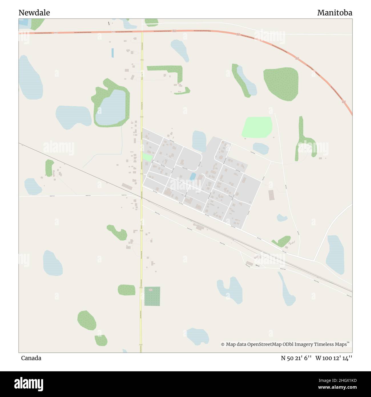 Newdale, Canada, Manitoba, N 50 21' 6'', W 100 12' 14'', map, Timeless Map published in 2021. Travelers, explorers and adventurers like Florence Nightingale, David Livingstone, Ernest Shackleton, Lewis and Clark and Sherlock Holmes relied on maps to plan travels to the world's most remote corners, Timeless Maps is mapping most locations on the globe, showing the achievement of great dreams Stock Photo