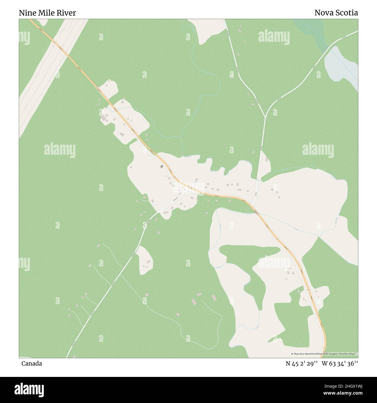 Nine Mile River, Canada, Nova Scotia, N 45 2' 29'', W 63 34' 36'', map, Timeless Map published in 2021. Travelers, explorers and adventurers like Florence Nightingale, David Livingstone, Ernest Shackleton, Lewis and Clark and Sherlock Holmes relied on maps to plan travels to the world's most remote corners, Timeless Maps is mapping most locations on the globe, showing the achievement of great dreams Stock Photo