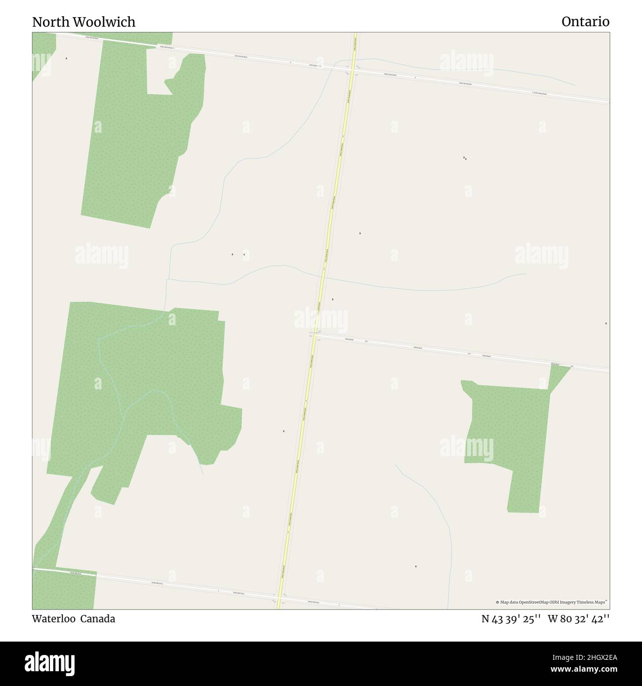 North Woolwich, Waterloo, Canada, Ontario, N 43 39' 25'', W 80 32' 42'', map, Timeless Map published in 2021. Travelers, explorers and adventurers like Florence Nightingale, David Livingstone, Ernest Shackleton, Lewis and Clark and Sherlock Holmes relied on maps to plan travels to the world's most remote corners, Timeless Maps is mapping most locations on the globe, showing the achievement of great dreams Stock Photo