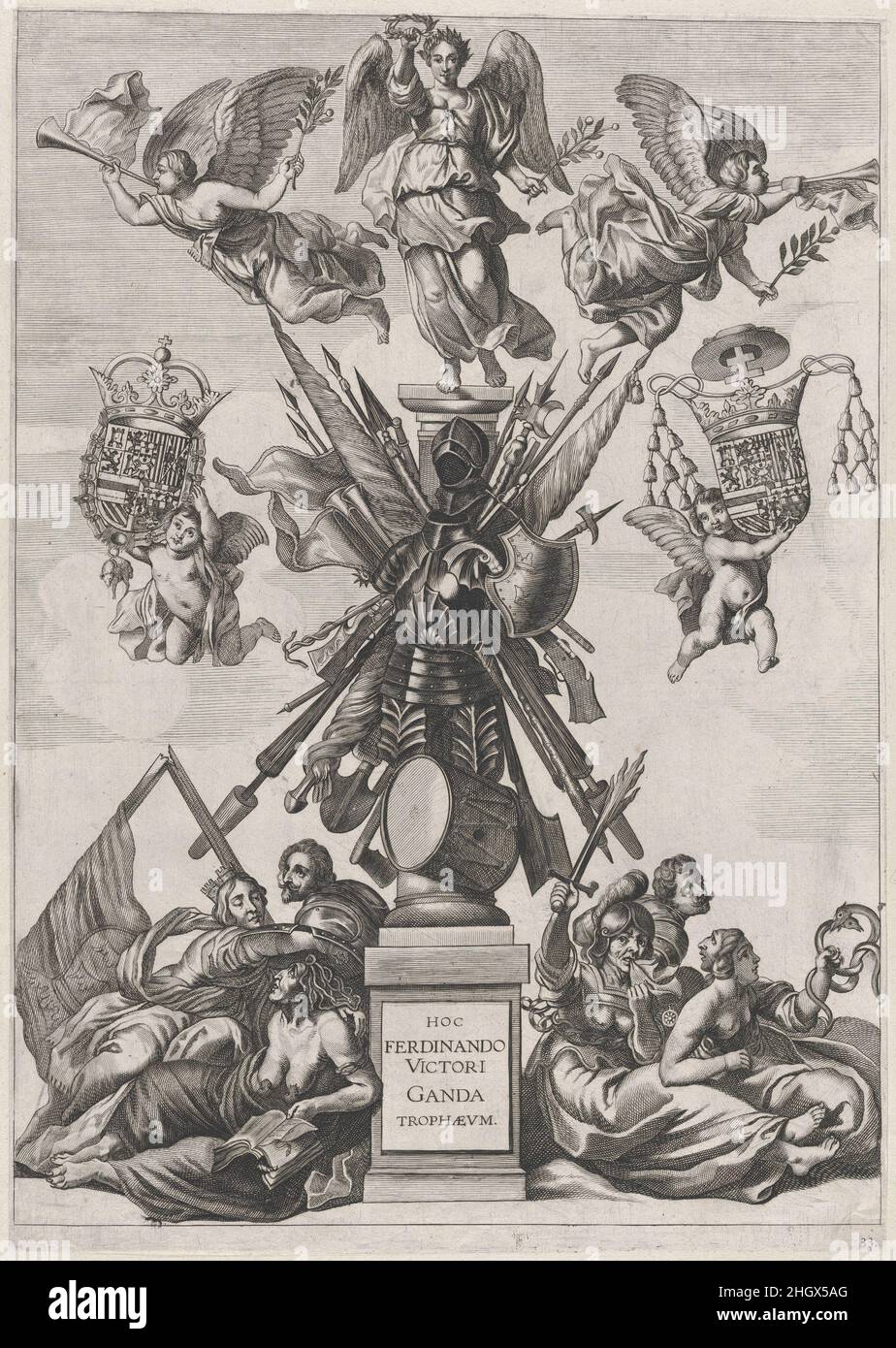 Plate 33: Armorial trophy on a Tuscan column, surrounded by allegorical figures and cherubs bearing the armorial shields of Ferdinand; from Guillielmus Becanus's 'Serenissimi Principis Ferdinandi, Hispaniarum Infantis...' 1636 Johannes Meursius On January 28, 1635, the city of Ghent celebrated the entry of Cardinal-Infante Ferdinand of Spain, the recently appointed governor of the Southern Netherlands. A group of Flemish artists were commissioned to create paintings for the decoration of two triumphal arches erected in the city's main square for the occasion. Though the majority of these canva Stock Photo