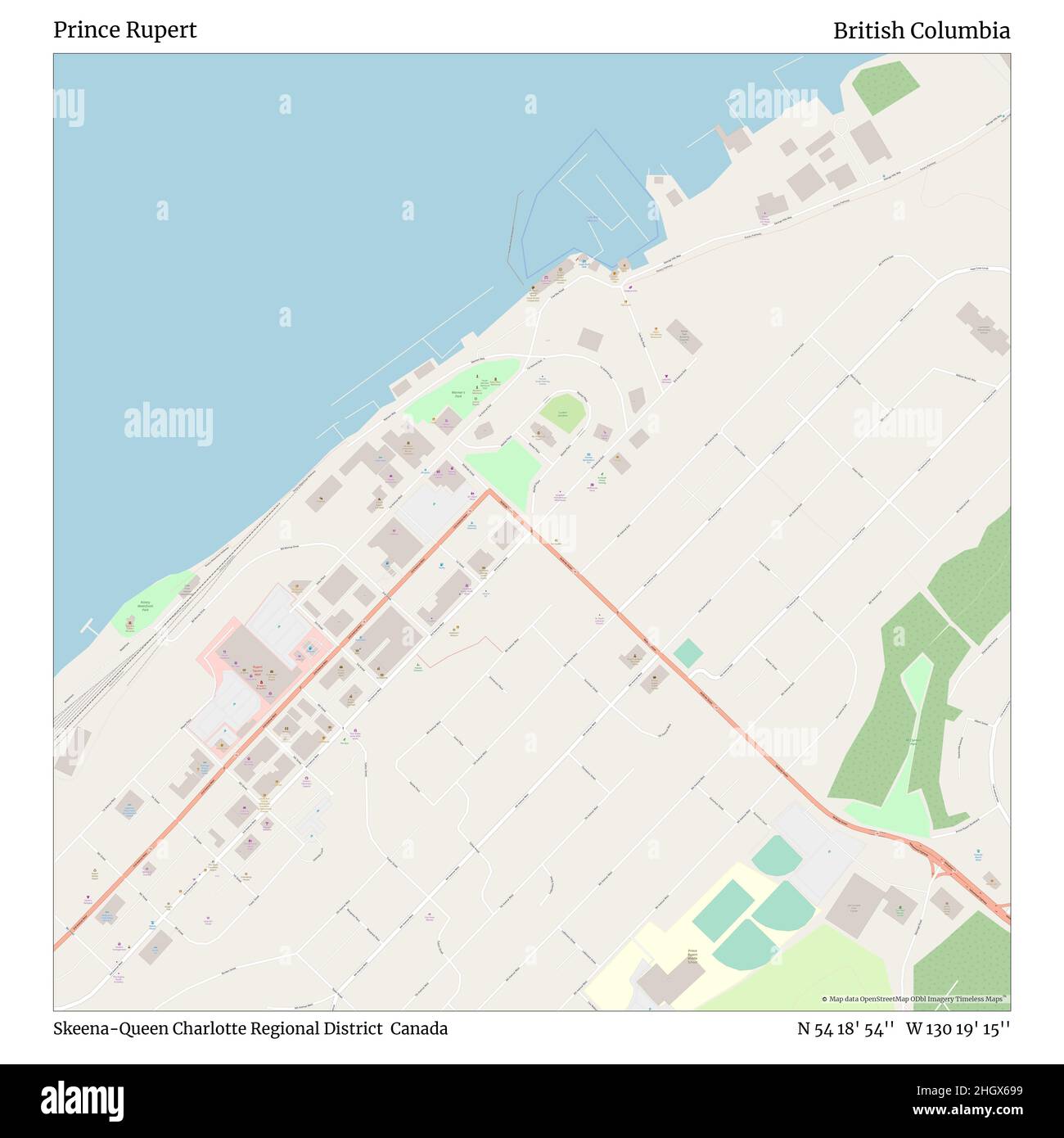 Prince Rupert, Skeena-Queen Charlotte Regional District, Canada, British Columbia, N 54 18' 54'', W 130 19' 15'', map, Timeless Map published in 2021. Travelers, explorers and adventurers like Florence Nightingale, David Livingstone, Ernest Shackleton, Lewis and Clark and Sherlock Holmes relied on maps to plan travels to the world's most remote corners, Timeless Maps is mapping most locations on the globe, showing the achievement of great dreams Stock Photo