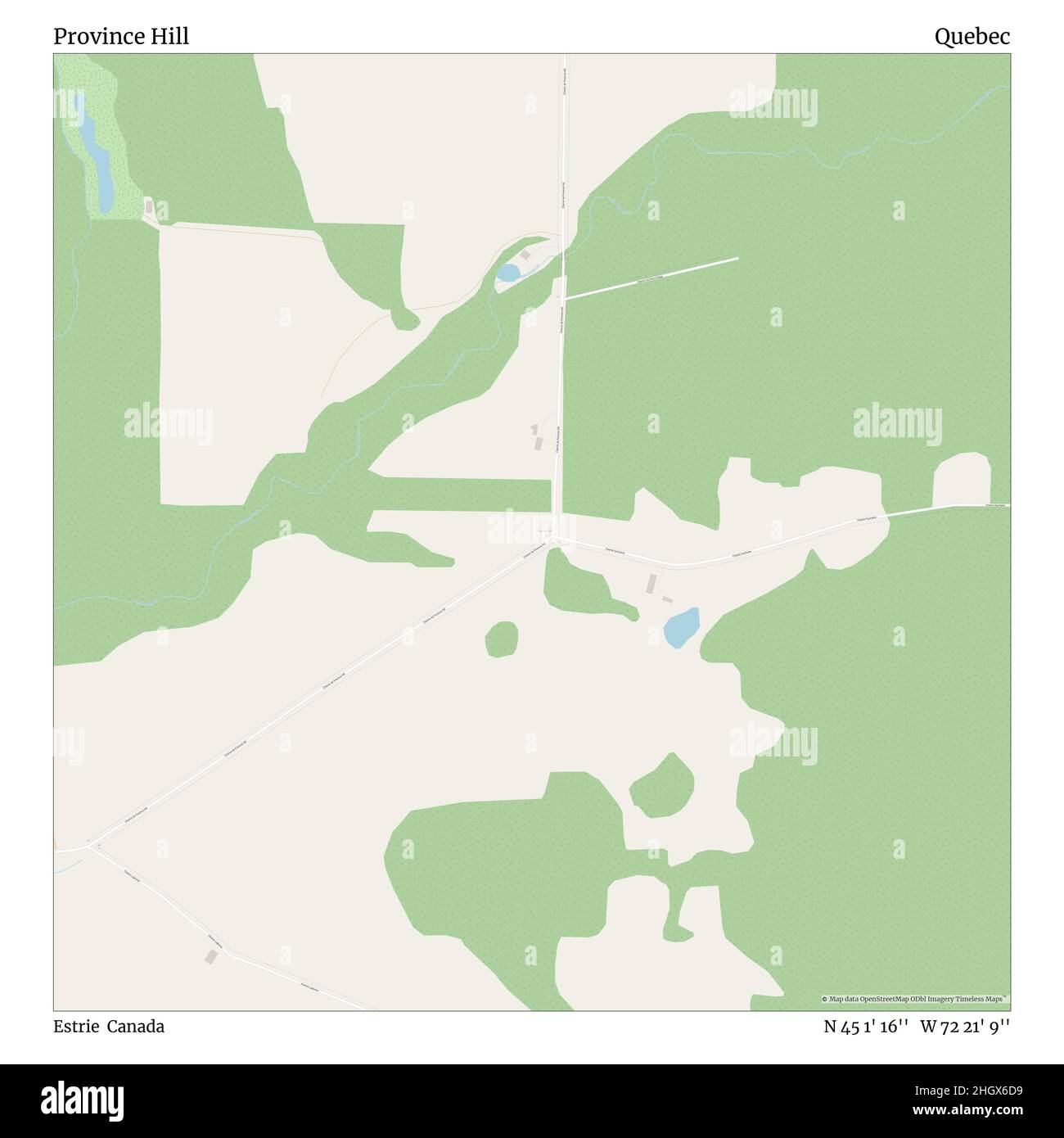 Province Hill, Estrie, Canada, Quebec, N 45 1' 16'', W 72 21' 9'', map, Timeless Map published in 2021. Travelers, explorers and adventurers like Florence Nightingale, David Livingstone, Ernest Shackleton, Lewis and Clark and Sherlock Holmes relied on maps to plan travels to the world's most remote corners, Timeless Maps is mapping most locations on the globe, showing the achievement of great dreams Stock Photo