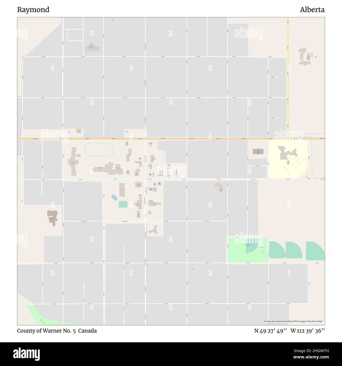 Raymond, County of Warner No. 5, Canada, Alberta, N 49 27' 49'', W 112 39' 36'', map, Timeless Map published in 2021. Travelers, explorers and adventurers like Florence Nightingale, David Livingstone, Ernest Shackleton, Lewis and Clark and Sherlock Holmes relied on maps to plan travels to the world's most remote corners, Timeless Maps is mapping most locations on the globe, showing the achievement of great dreams Stock Photo