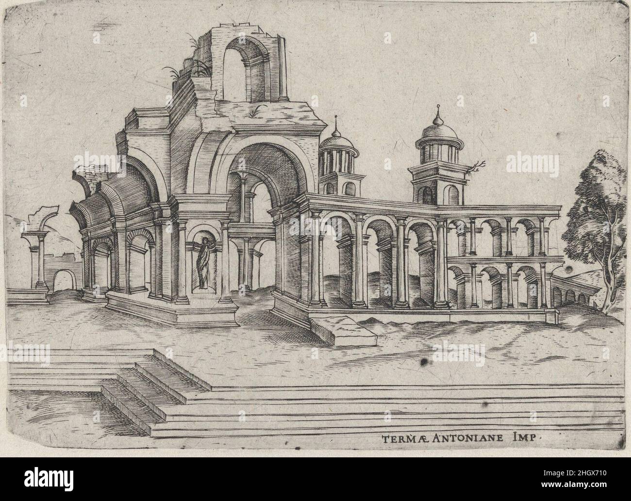 Termae Antoniane Imp. [formerly Palatium Se Lugduni], from a Series of 24 Depicting (Reconstructed) Buildings from Roman Antiquity Plate ca. 1530–50 Anonymous, Italian, 16th century Perspectival view of a building in its ruined state, referred to here as the ‘Palatium Se Lugduni’, but changed in a later state to ‘Termae Anonianae Imp’. The latter, which refers to the complex now more generally known as the Baths of Caracalla may in fact be the correct identification of the source used for this print. This does not negate the fact that the printmaker may have intended to depict a Roman building Stock Photo