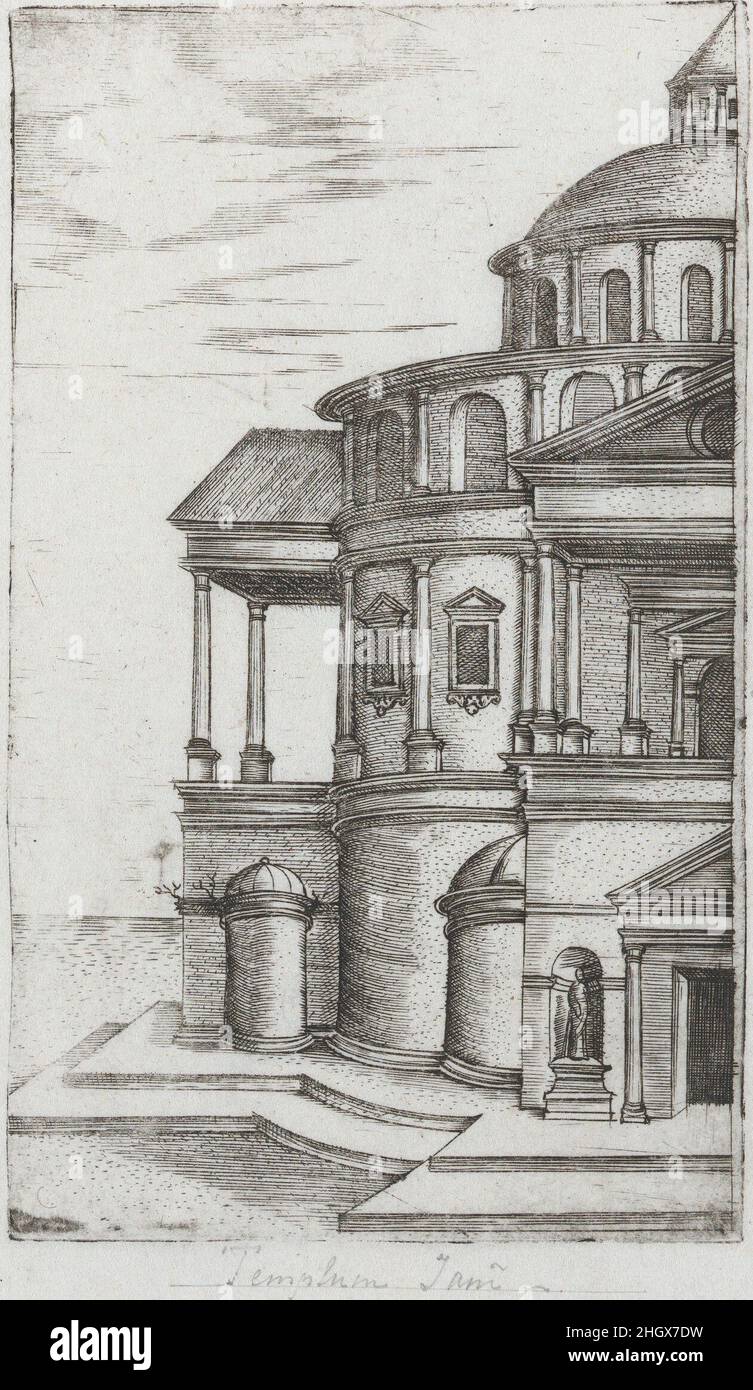 Palatium Se Lugduni [Later changed to Termae Antoniae Imp], from a Series of Prints depicting (reconstructed) Buildings from Roman Antiquity Plate ca. 1530–1550 Formerly attributed to Monogrammist G.A. & the Caltrop Perspectival view of a building in its ruined state, referred to here as the ‘Palatium Se Lugduni’, but changed in a later state to ‘Termae Anonianae Imp’. The latter, which refers to the complex now more generally known as the Baths of Caracalla may in fact be the correct identification of the source used for this print. This does not negate the fact that the printmaker may have i Stock Photo