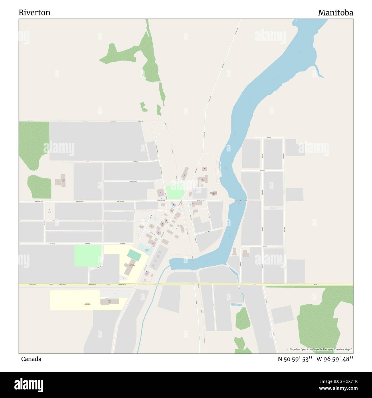 Riverton, Canada, Manitoba, N 50 59' 53'', W 96 59' 48'', map, Timeless Map published in 2021. Travelers, explorers and adventurers like Florence Nightingale, David Livingstone, Ernest Shackleton, Lewis and Clark and Sherlock Holmes relied on maps to plan travels to the world's most remote corners, Timeless Maps is mapping most locations on the globe, showing the achievement of great dreams Stock Photo